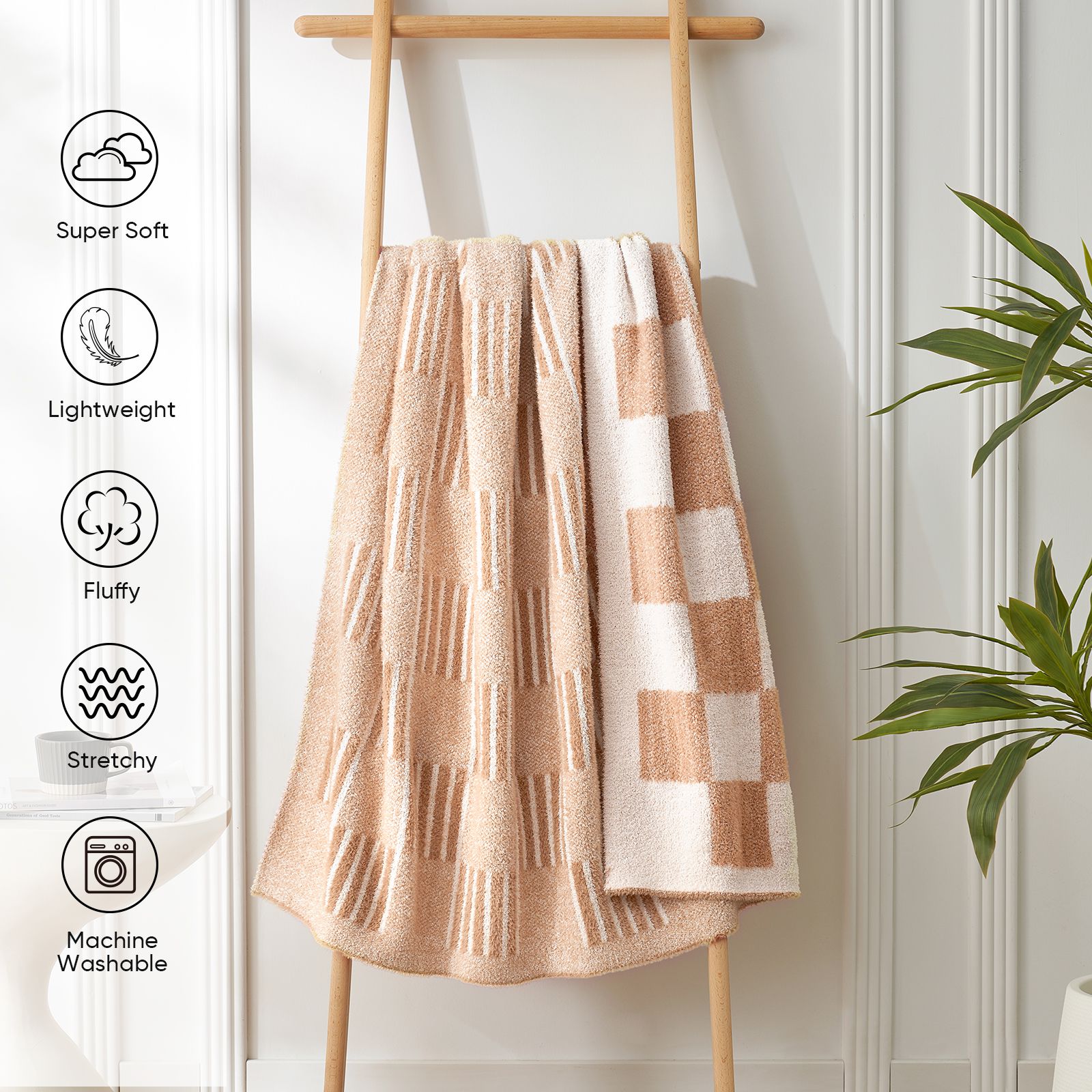 Snuggle Sacs Reversible Heather Checkered Feather Yarn Knit Throw Blanket hang on the wall showing 'Super soft, Lightweight, Fluffy, Stretchy, Machine Washable'#Color_Heather Beige