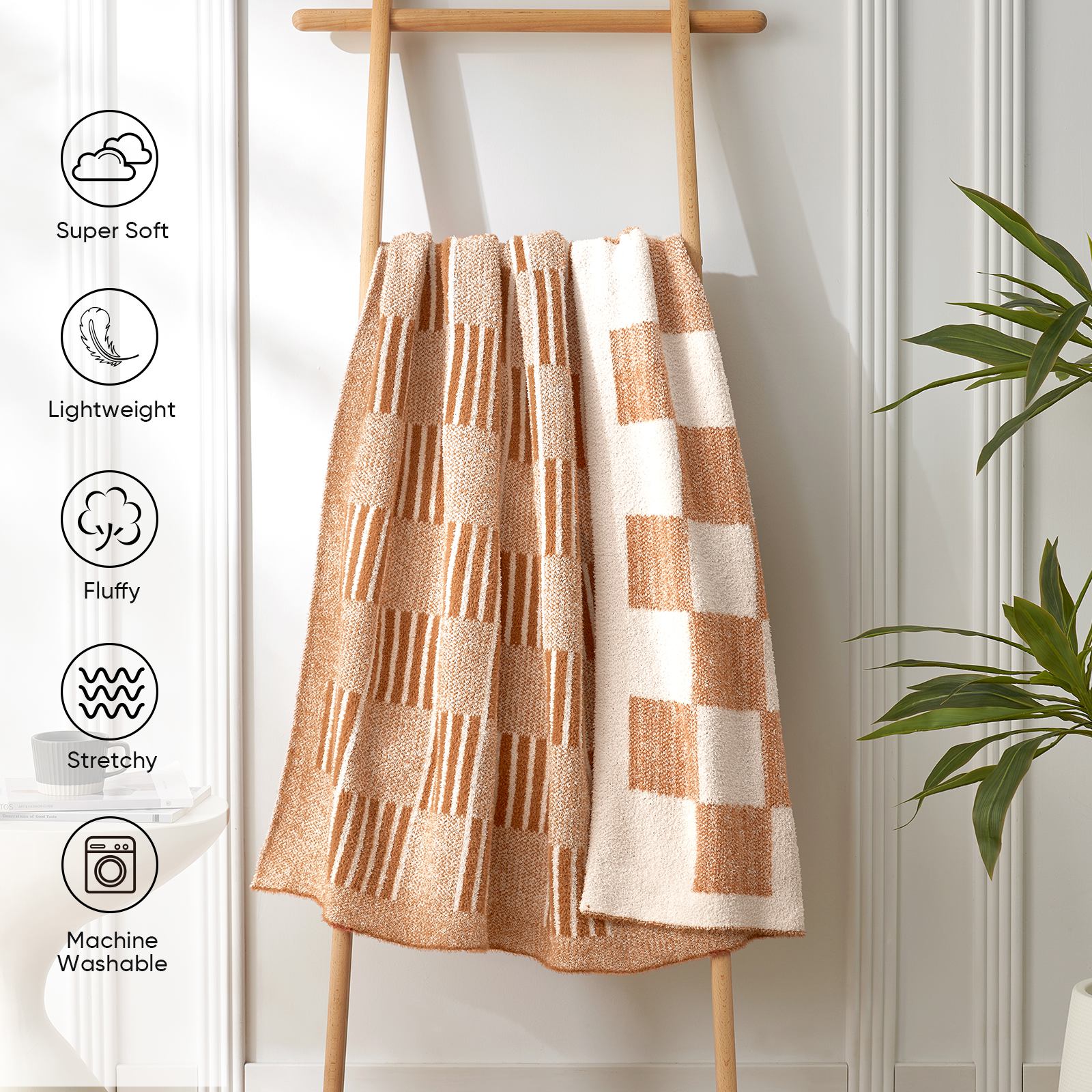 Snuggle Sacs Reversible Heather Checkered Feather Yarn Knit Throw Blanket hang on the wall showing 'Super soft, Lightweight, Fluffy, Stretchy, Machine Washable'#Color_Heather Orange