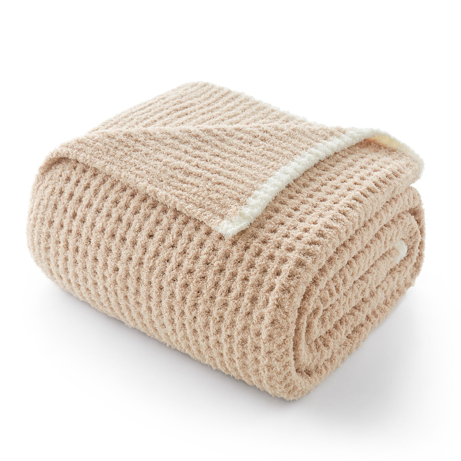 Folded Soft Waffle Feather Yarn Knit Throw Blanket with a white background#Color_Beige
