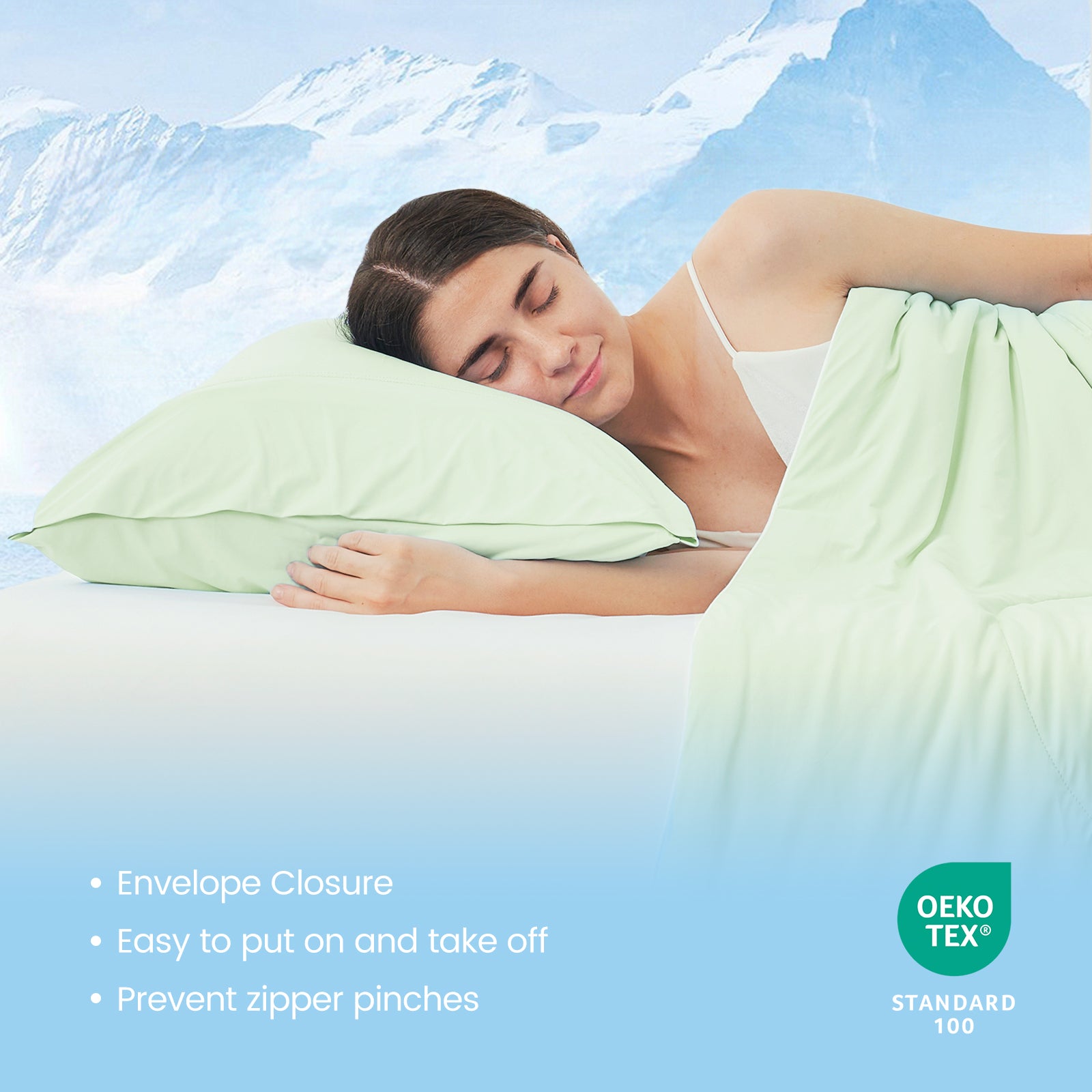 Woman sleeping with OEKO-TEX certified Snuggle Sac envelope pillowcases.#Color_Green