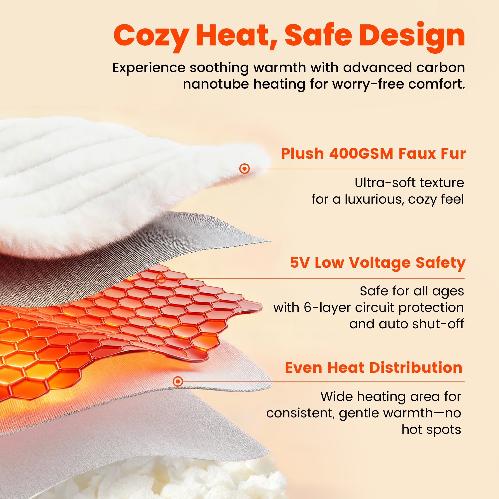 Close up of Snuggle Sac Heated Faux Fur Backrest Reading Pillow in ivory featuring the cozy heat and safe design#color_Ivory