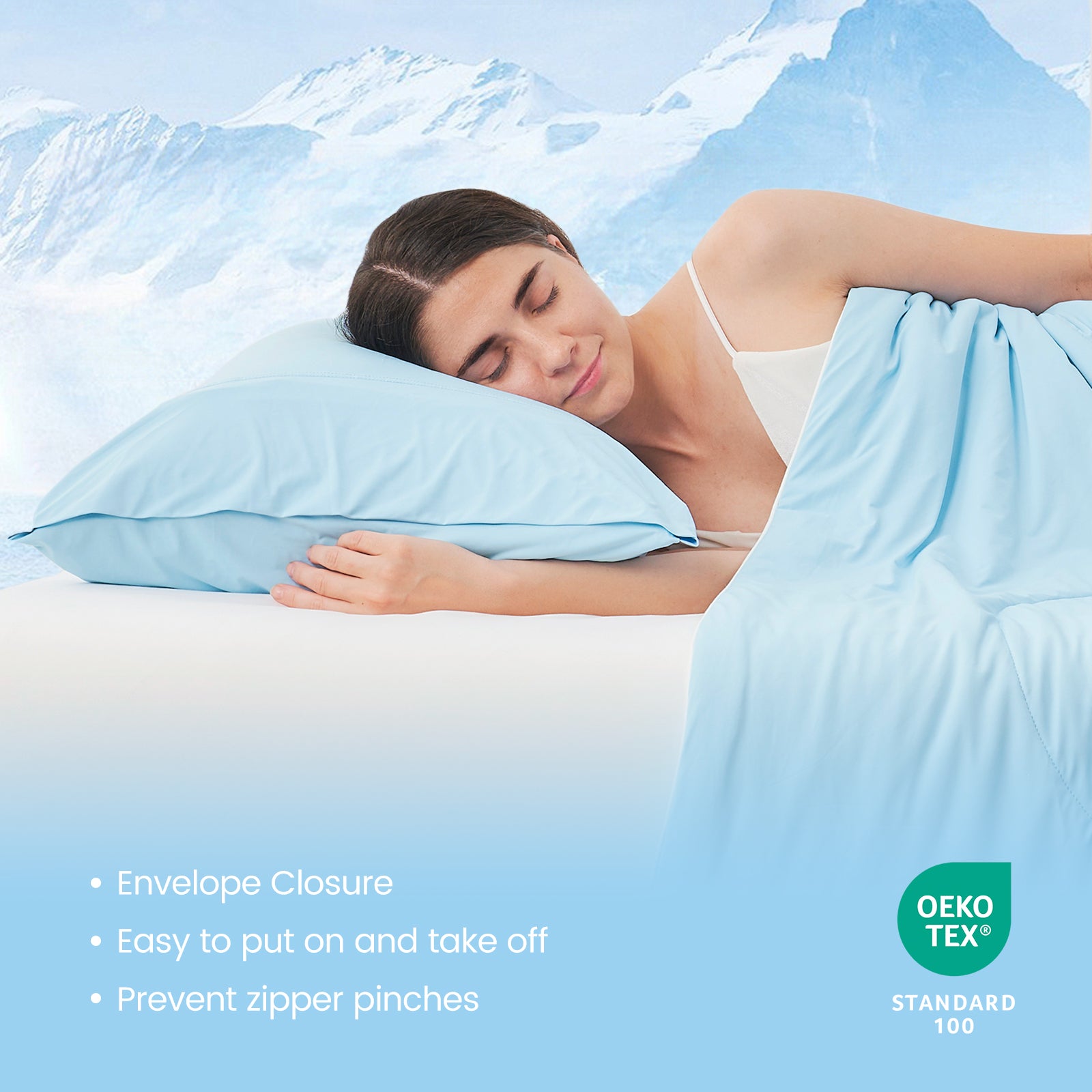 Woman sleeping with OEKO-TEX certified Snuggle Sac envelope pillowcases.#Color_Sky Blue