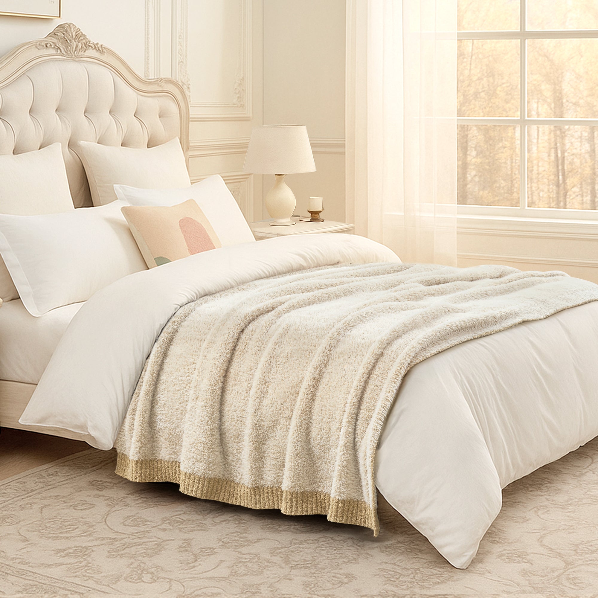 Ultrasoft faux fur knit throw blanket in Beige layered on a bed, creating a soft and inviting bedroom look #color_Beige
