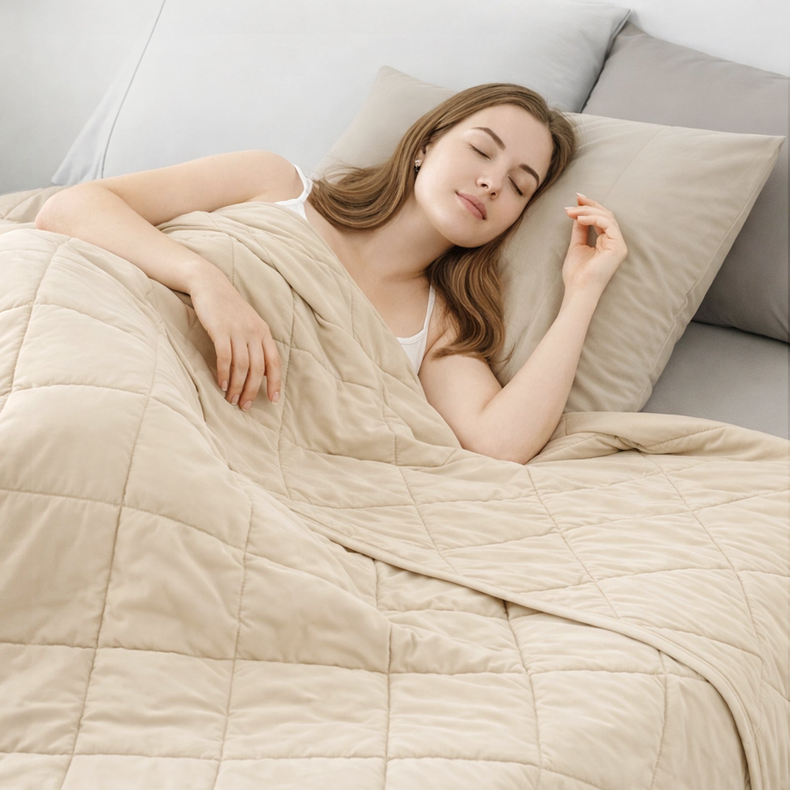 Woman sleeping under a Snuggle Sac khaki comforter in a cozy bedroom setting. #color_Khaki