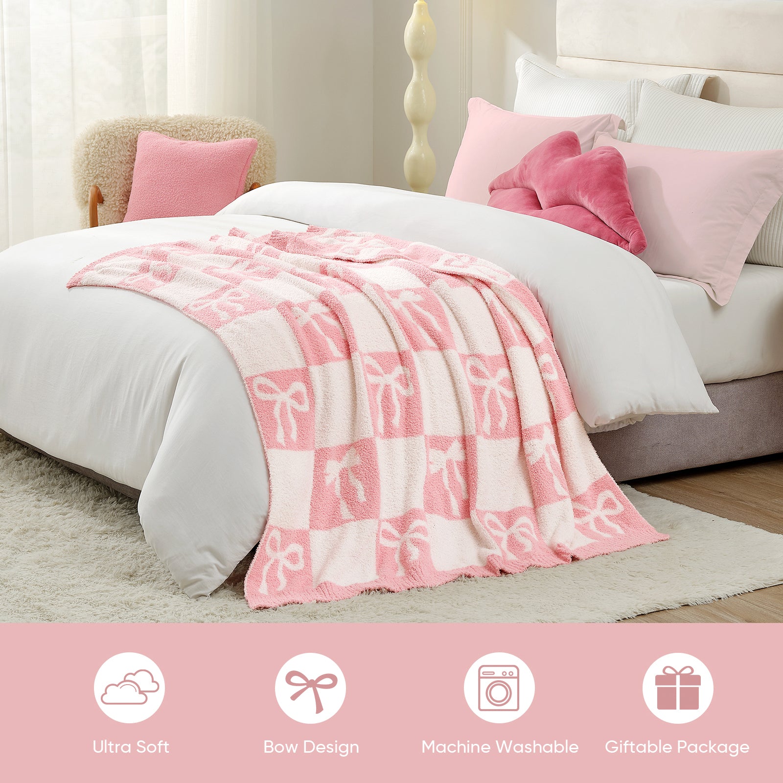 Snuggle Sacs Reversible Checkered Bow Feather Yarn Knit Throw Blanket on the bed, featuring 'Ultra soft, Bow Design, Machine Washable and Giftable Package'#color_Pink_Bow