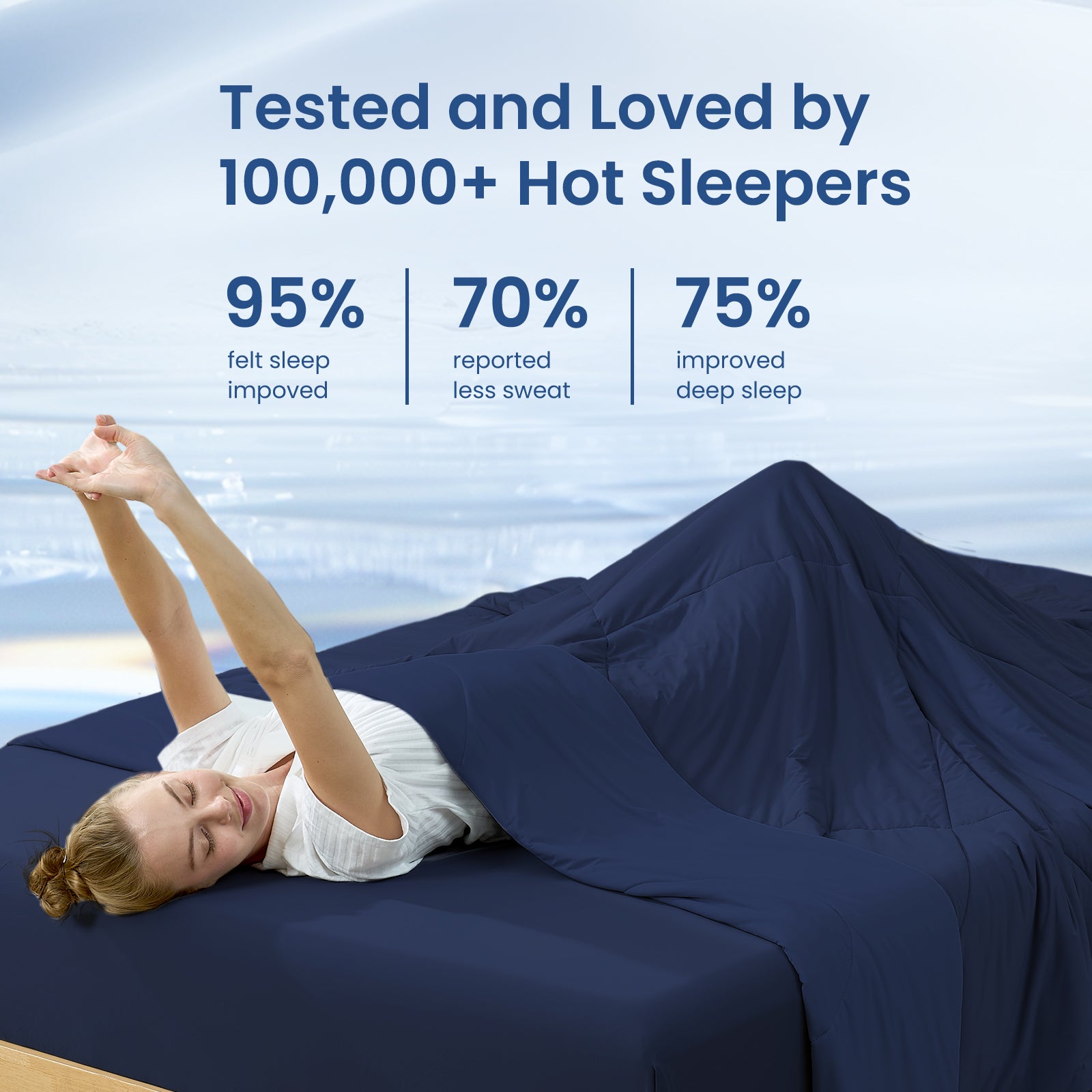 Woman waking up refreshed under Snuggle Sac cooling blanket, better sleep for hot sleepers.#Color_Dark Blue