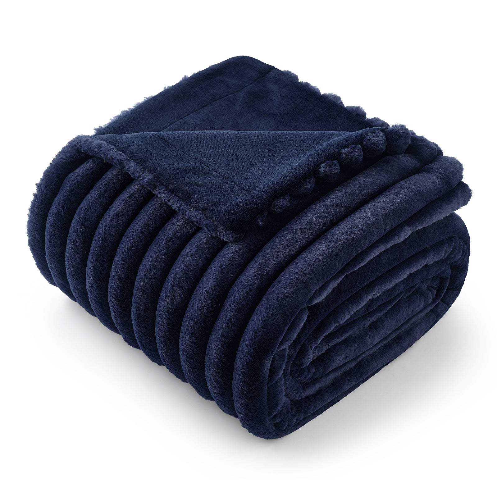 Snuggle Sac striped faux fur throw blanket in Navy Blue folded front view #color_Navy Blue
