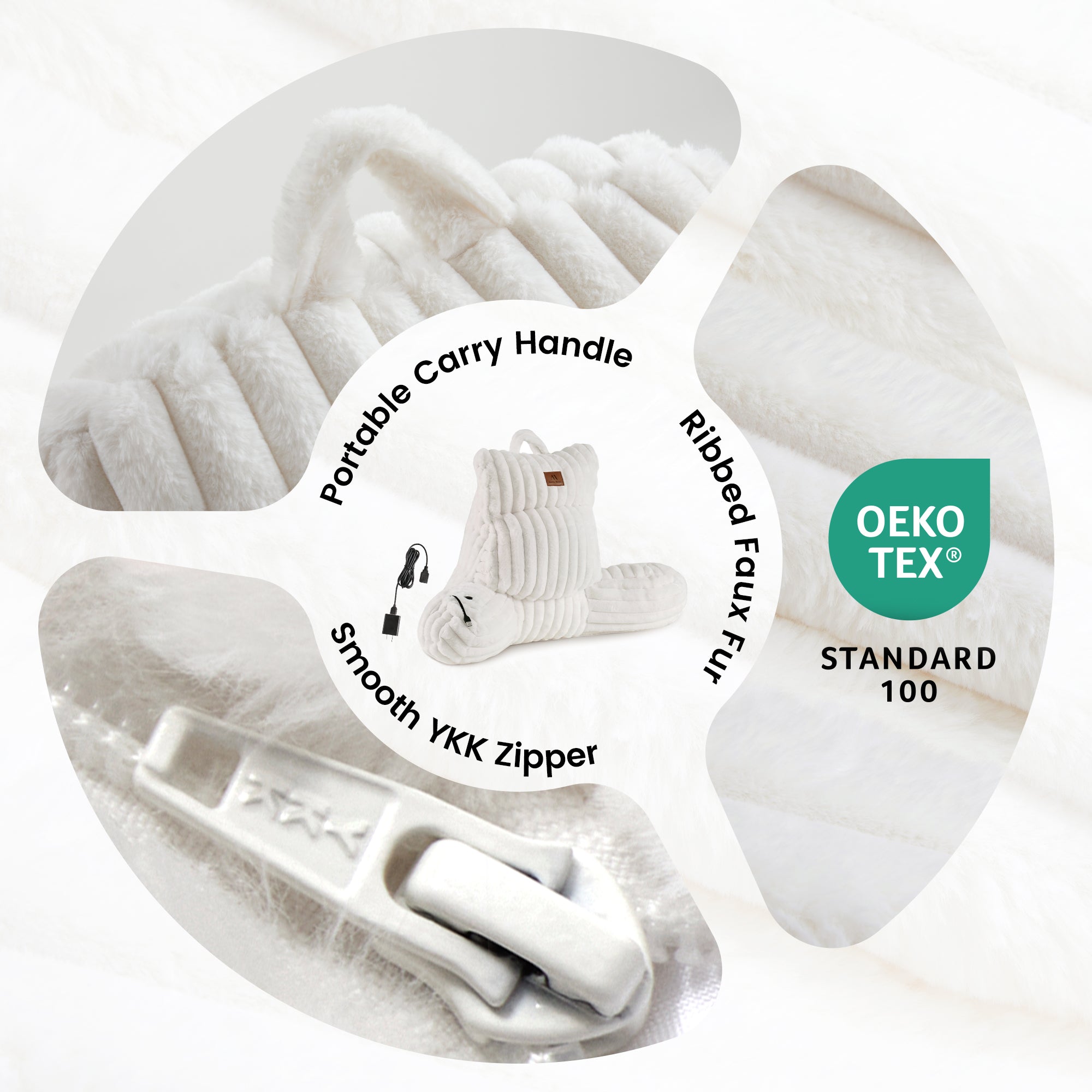 Close up of Snuggle Sac Heated Faux Fur Backrest Reading Pillow in ivory featuring the features including OEKO-TEX Certificate#color_Ivory