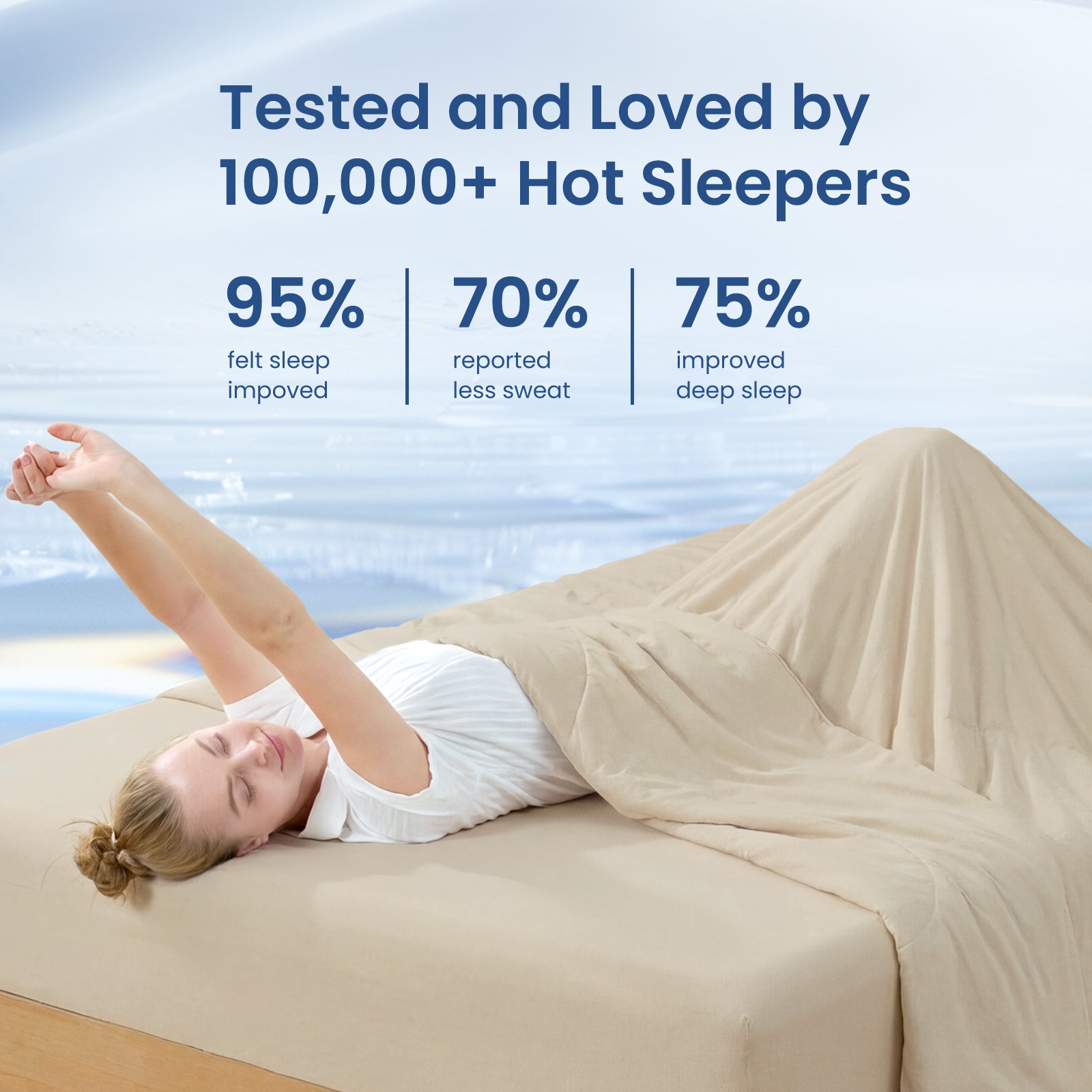 Woman waking up refreshed under Snuggle Sac cooling blanket, better sleep for hot sleepers. #Color_Khaki