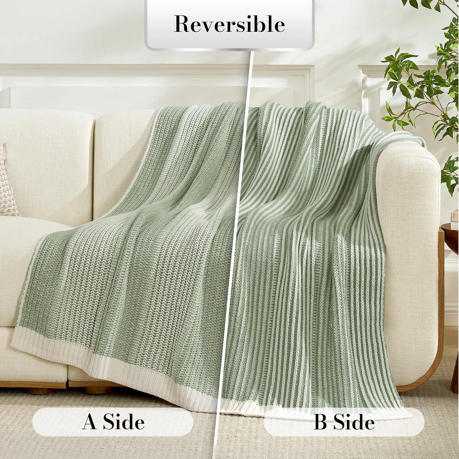 Snuggle Sac green reversible blanket shown on a couch with 'A Side' and 'B Side' #color_Two-tone Green