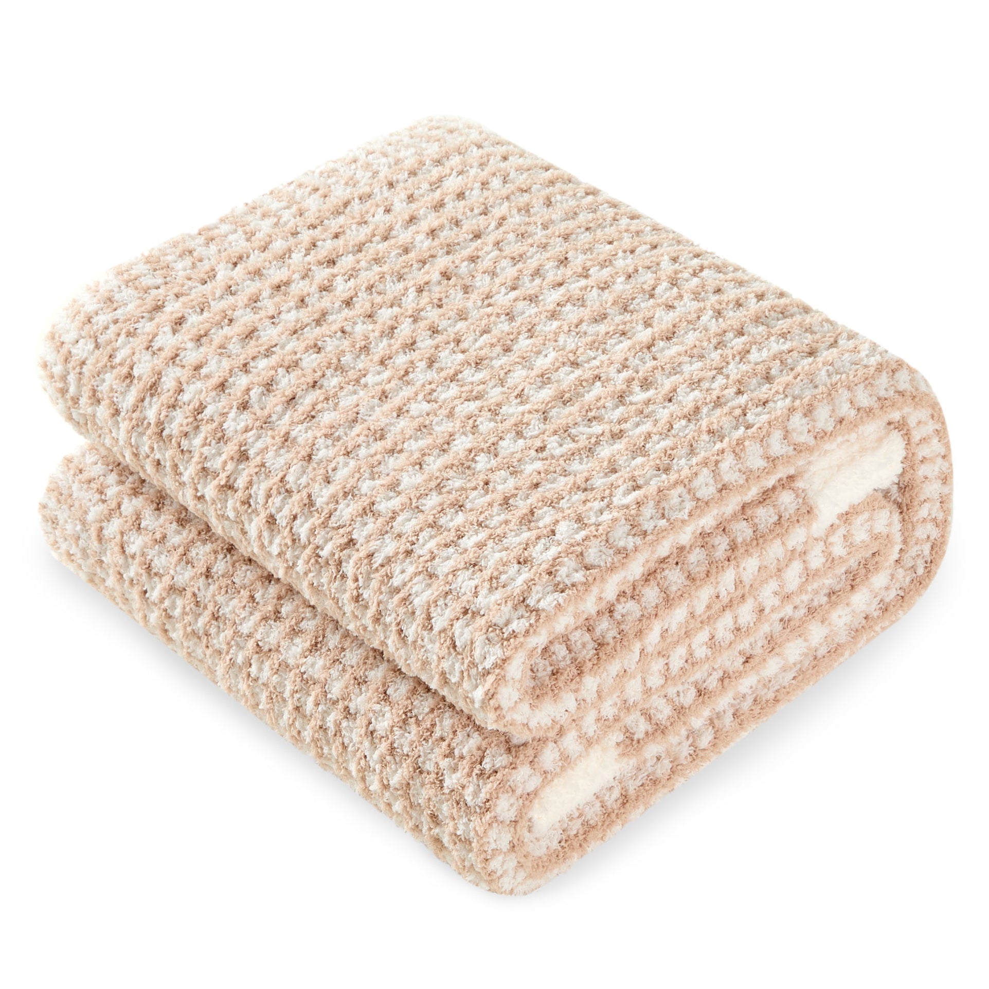 Folded Soft Waffle Feather Yarn Knit Throw Blanket with a white background#color_Cream/Beige