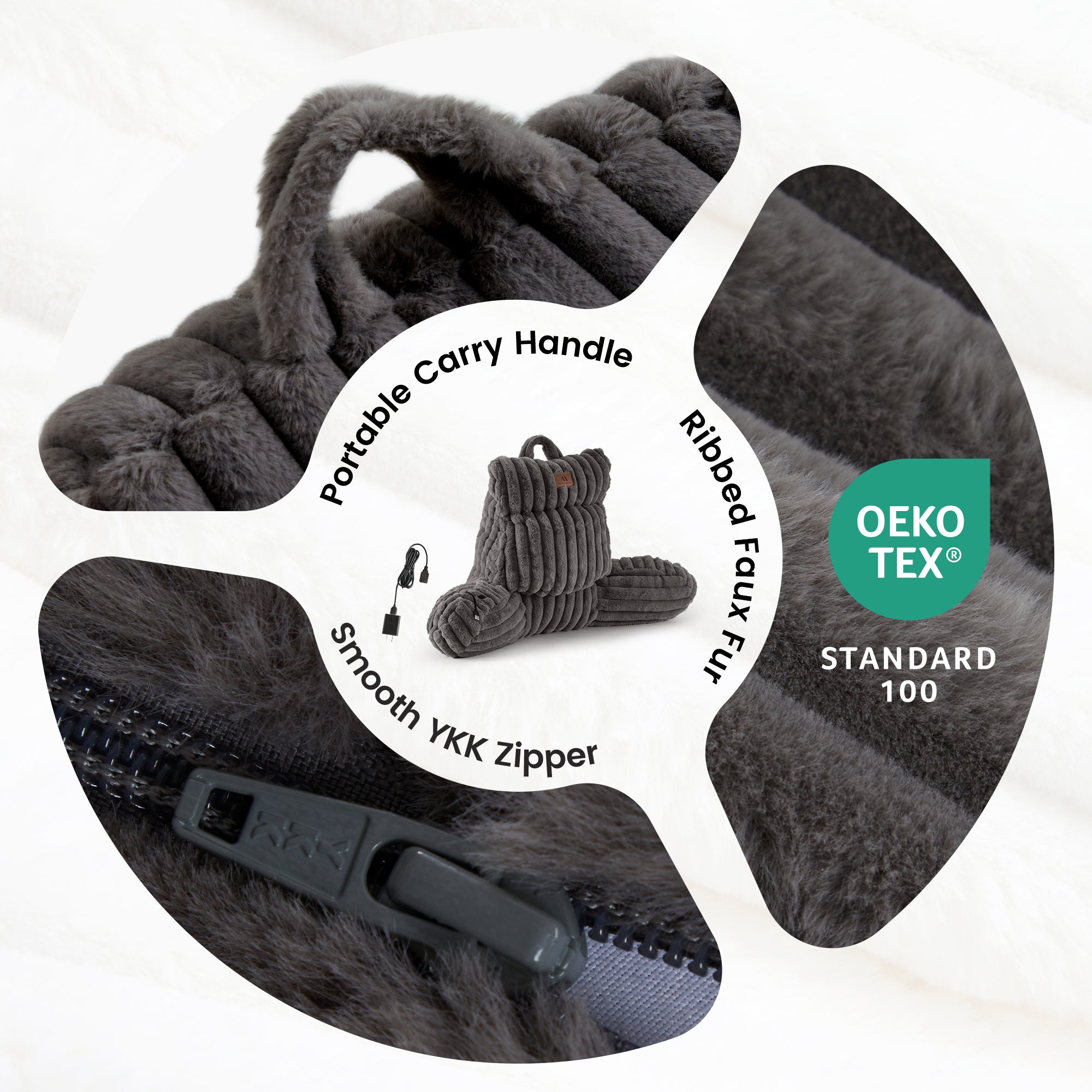 Close up of Snuggle Sac Heated Faux Fur Backrest Reading Pillow in grey featuring the features including OEKO-TEX Certificate #color_Grey