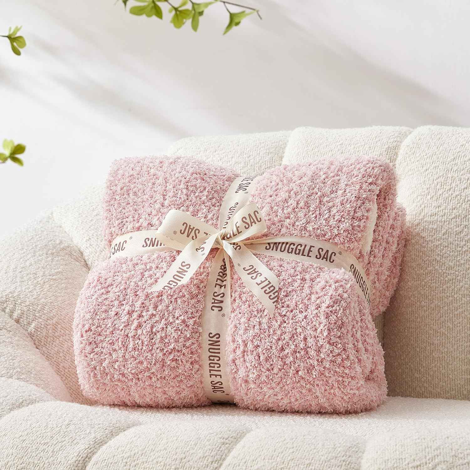 Snuggle Sac Heather Feather Yarn Pink Knit Throw Blanket wrapped as a perfect gift for people#Color_Pink