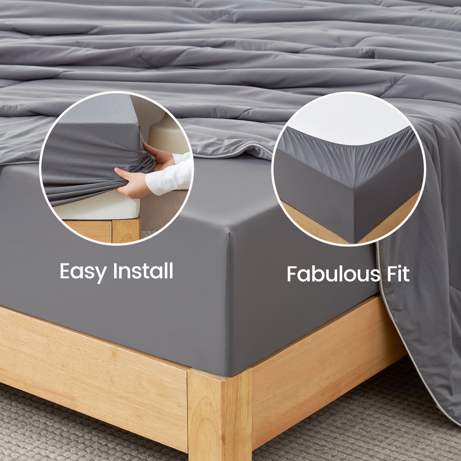 Snuggle Sac Fitted sheet being installed on a bed with text 'Easy Install' and 'Fabulous Fit'.#color_Dark Grey