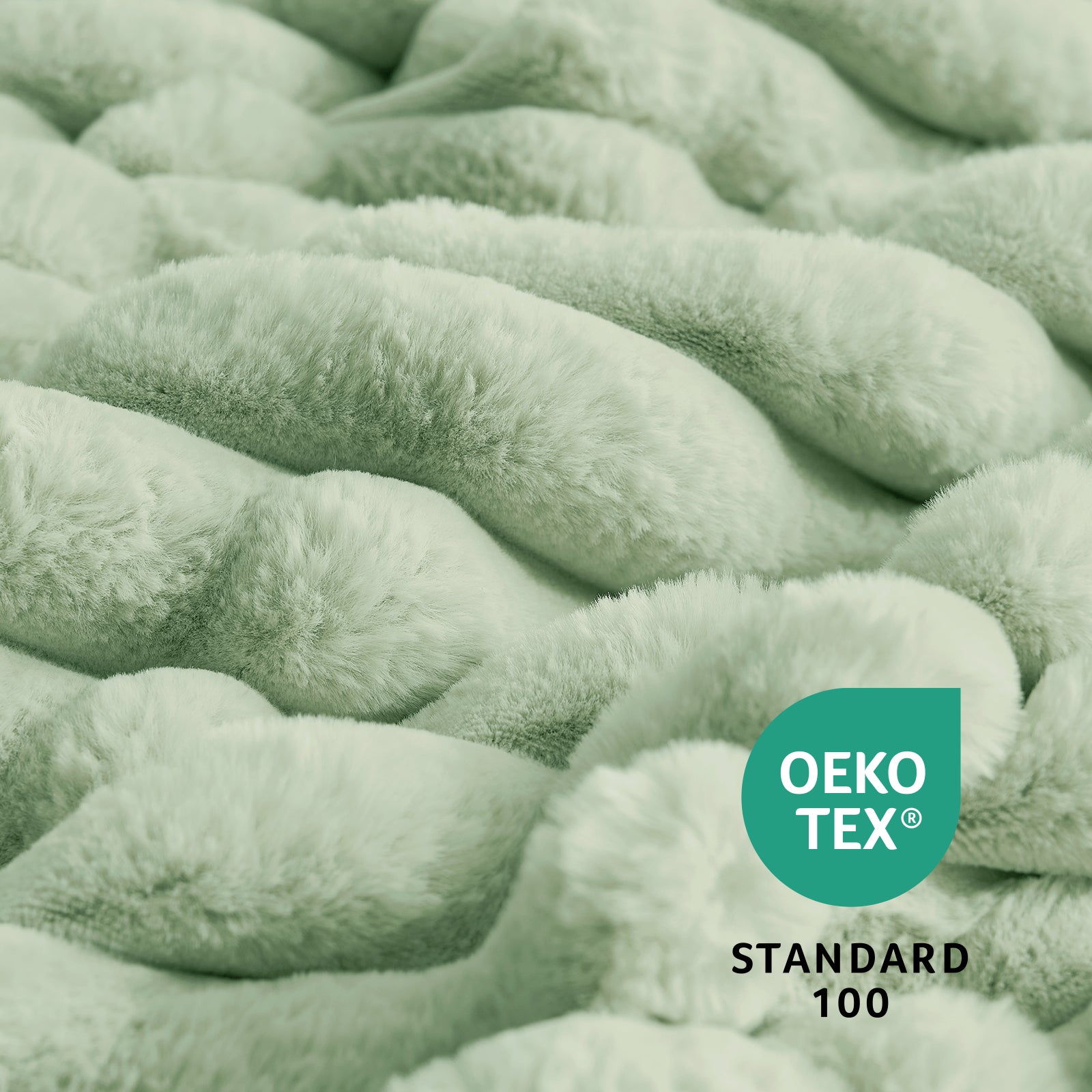 Close up of striped faux fur throw blanket in Sage Green, showcasing plush texture and OEKO TEX STANDARD 100 certification #color_Sage Green