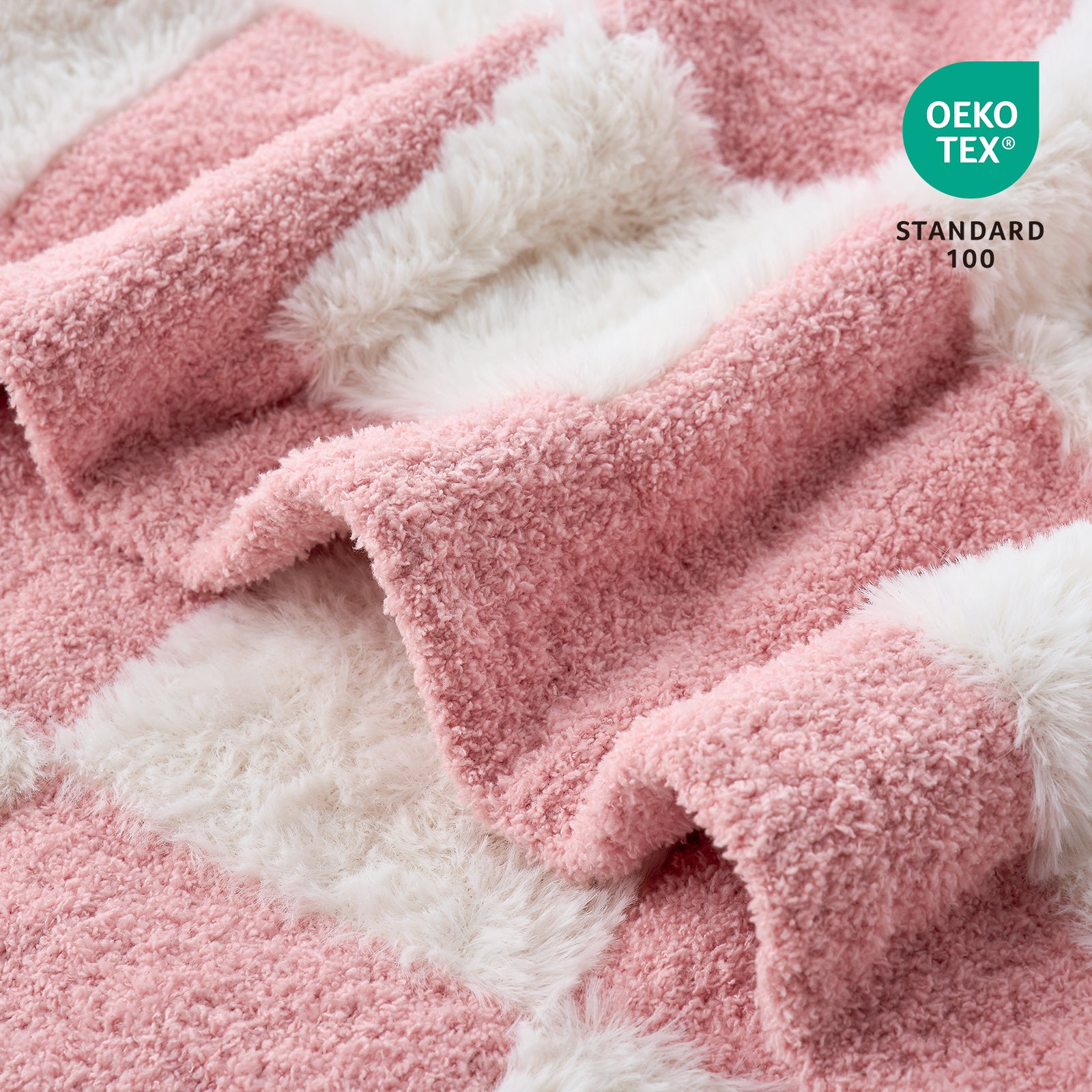 Close up of UltraCozy Checkered Feather Yarn Knit Throw Blanket with OEKO-TEX Certificate#Color_Pink White