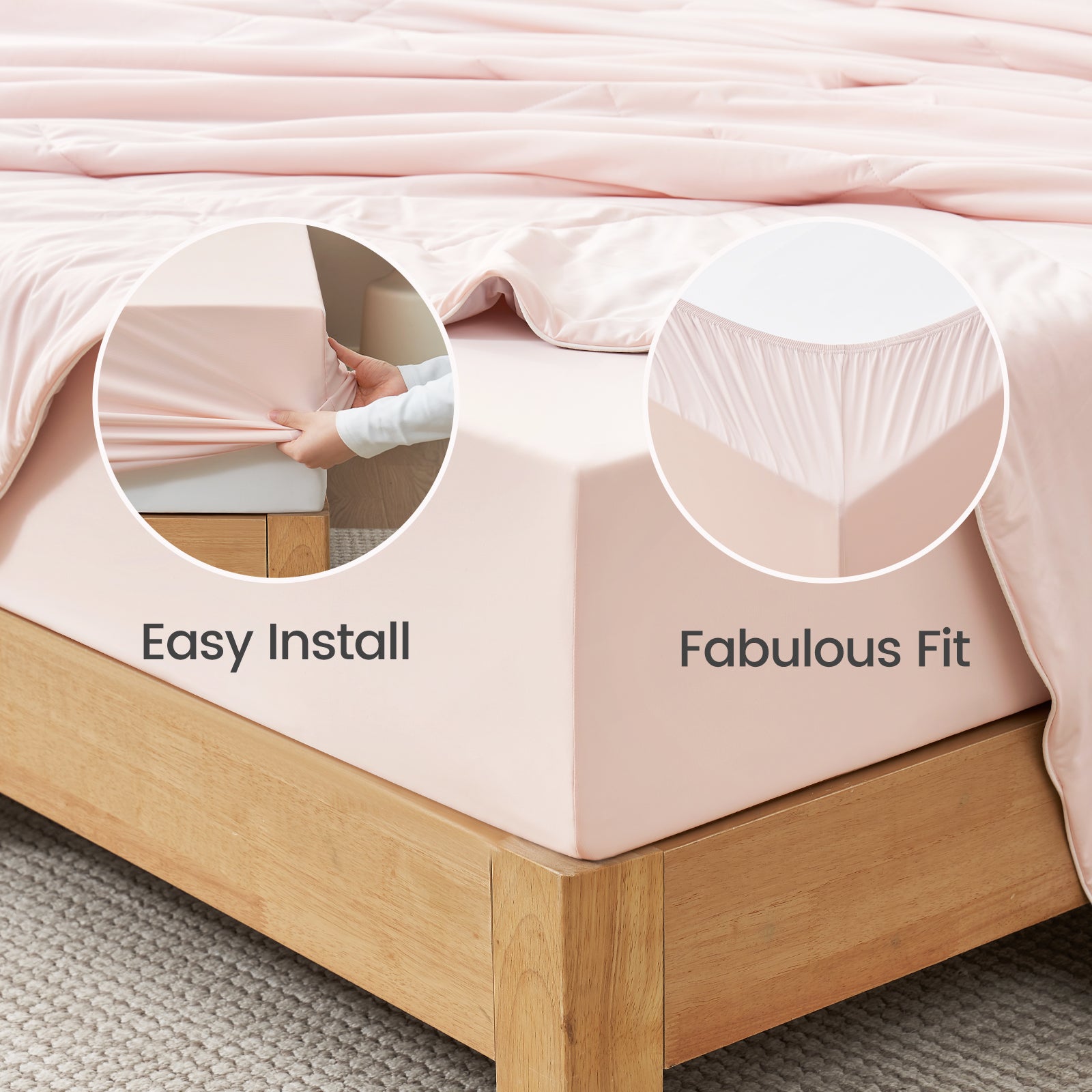Snuggle Sac Fitted sheet being installed on a bed with text 'Easy Install' and 'Fabulous Fit'.#color_Pink