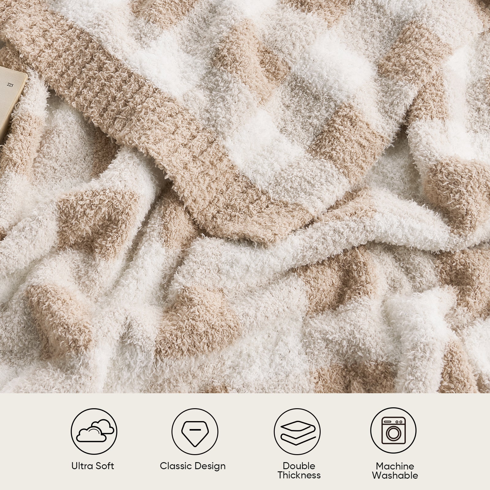 Close up of Plaid Knit Feather Yarn Knit Throw Blanket, featuring 'Ultra Soft, Classic Design, Double Thickness and Machine Washable' #color_Plaid Beige