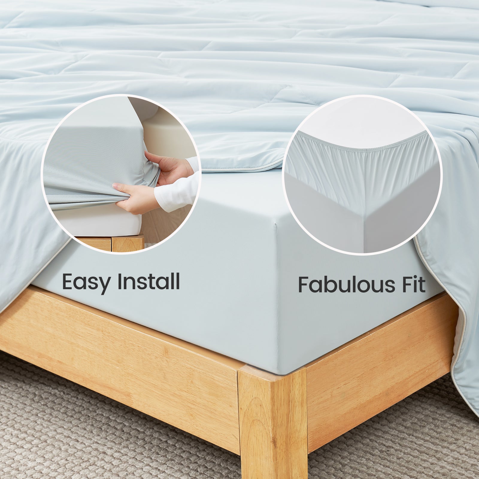Snuggle Sac Fitted sheet being installed on a bed with text 'Easy Install' and 'Fabulous Fit'.#color_Blue