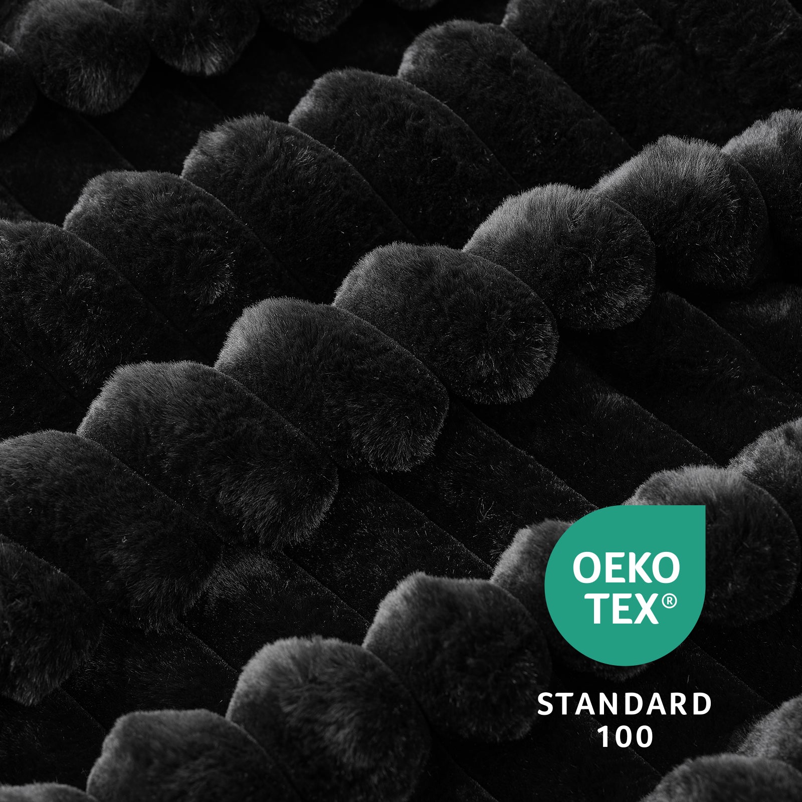 Close up of striped faux fur throw blanket in Black, showcasing plush texture and OEKO TEX STANDARD 100 certification #color_Black