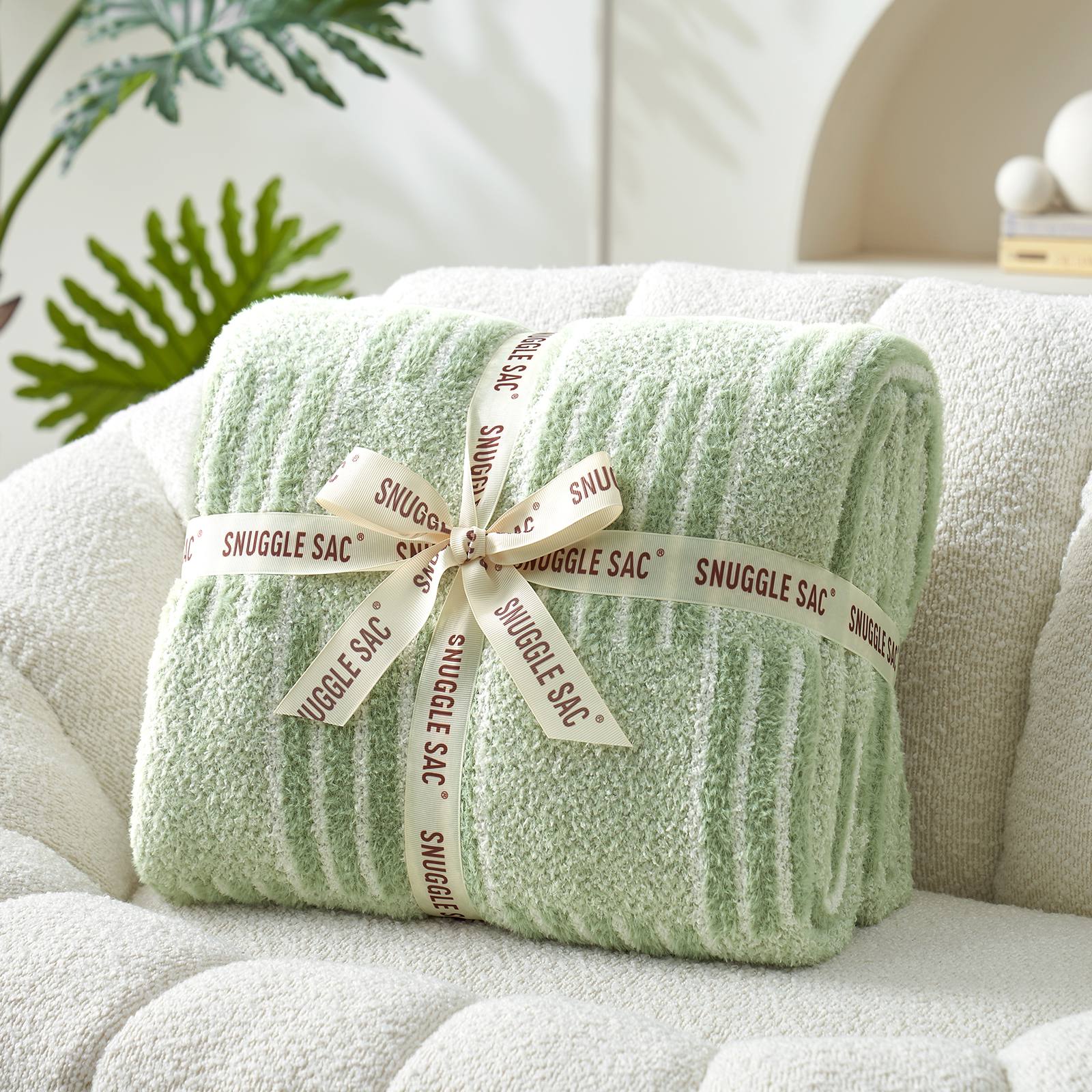 Snuggle Sacs Reversible Heather Checkered Feather Yarn Knit Throw Blanket wrapped as a pefect gift with ribbon #Color_Heather Sage Green