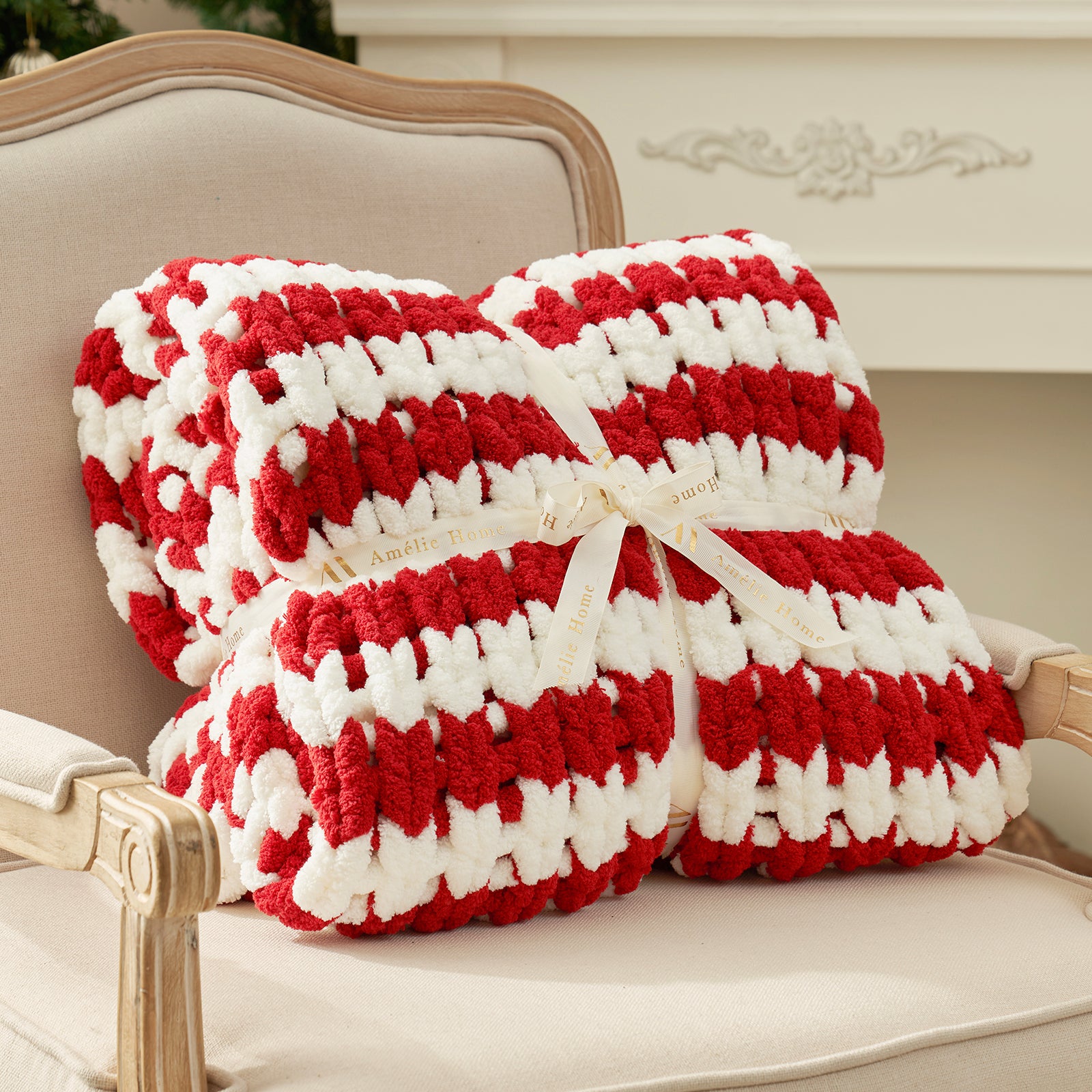 Handmade chunky chenille knit throw blanket in Red Stripe folded with ribbon perfect for gifting #color_Red Stripe