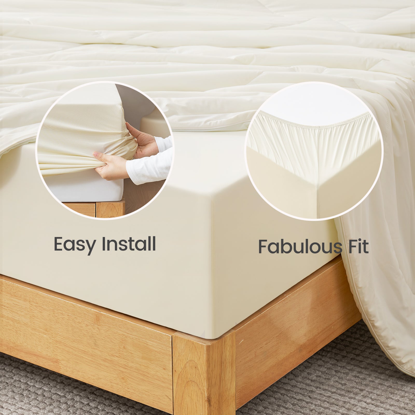 Snuggle Sac Fitted sheet being installed on a bed with text 'Easy Install' and 'Fabulous Fit'.#color_White