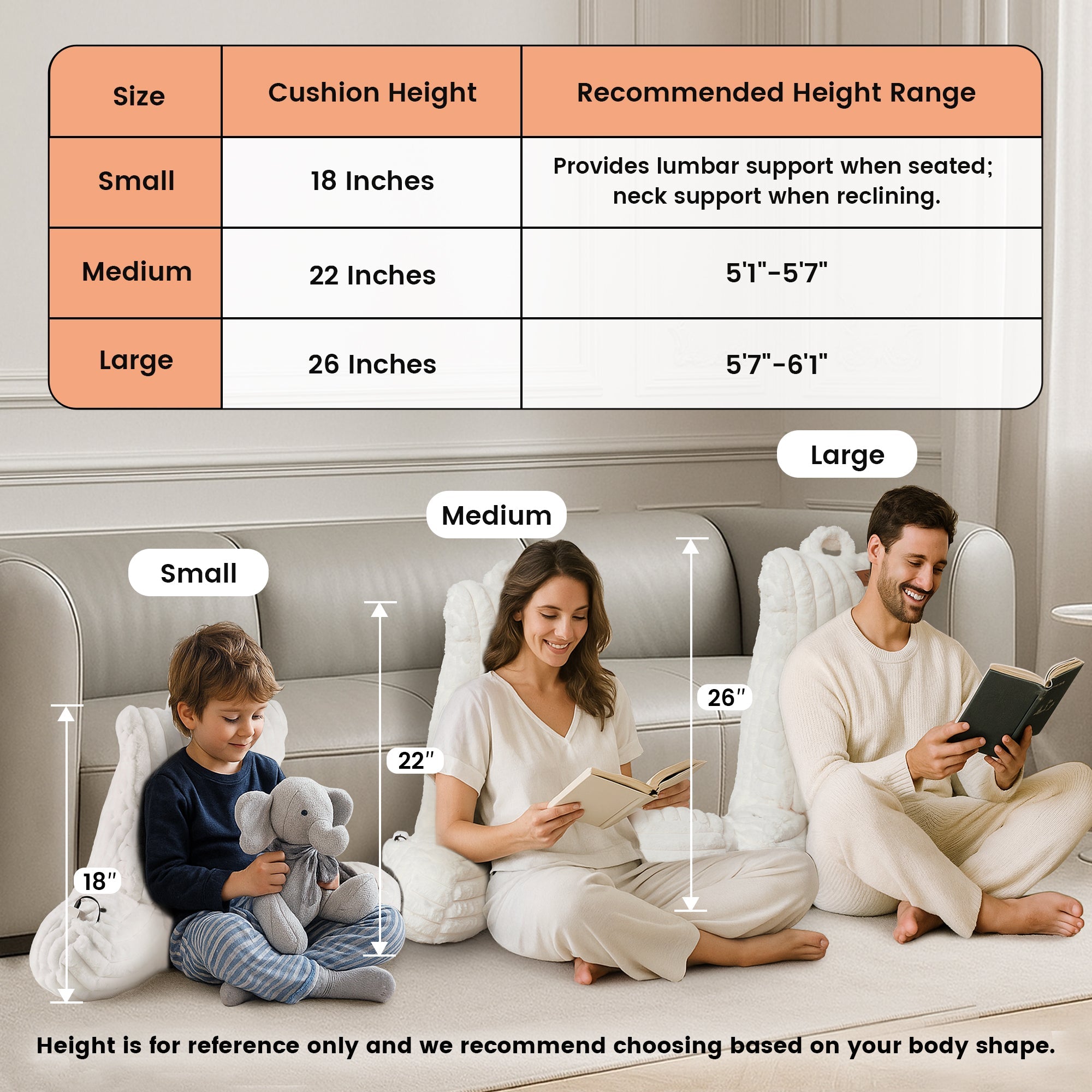 3 people laying on the Snuggle Sac Heated Faux Fur Backrest Reading Pillow in ivory showing the recommended height range based on the 3 sizes#color_Ivory