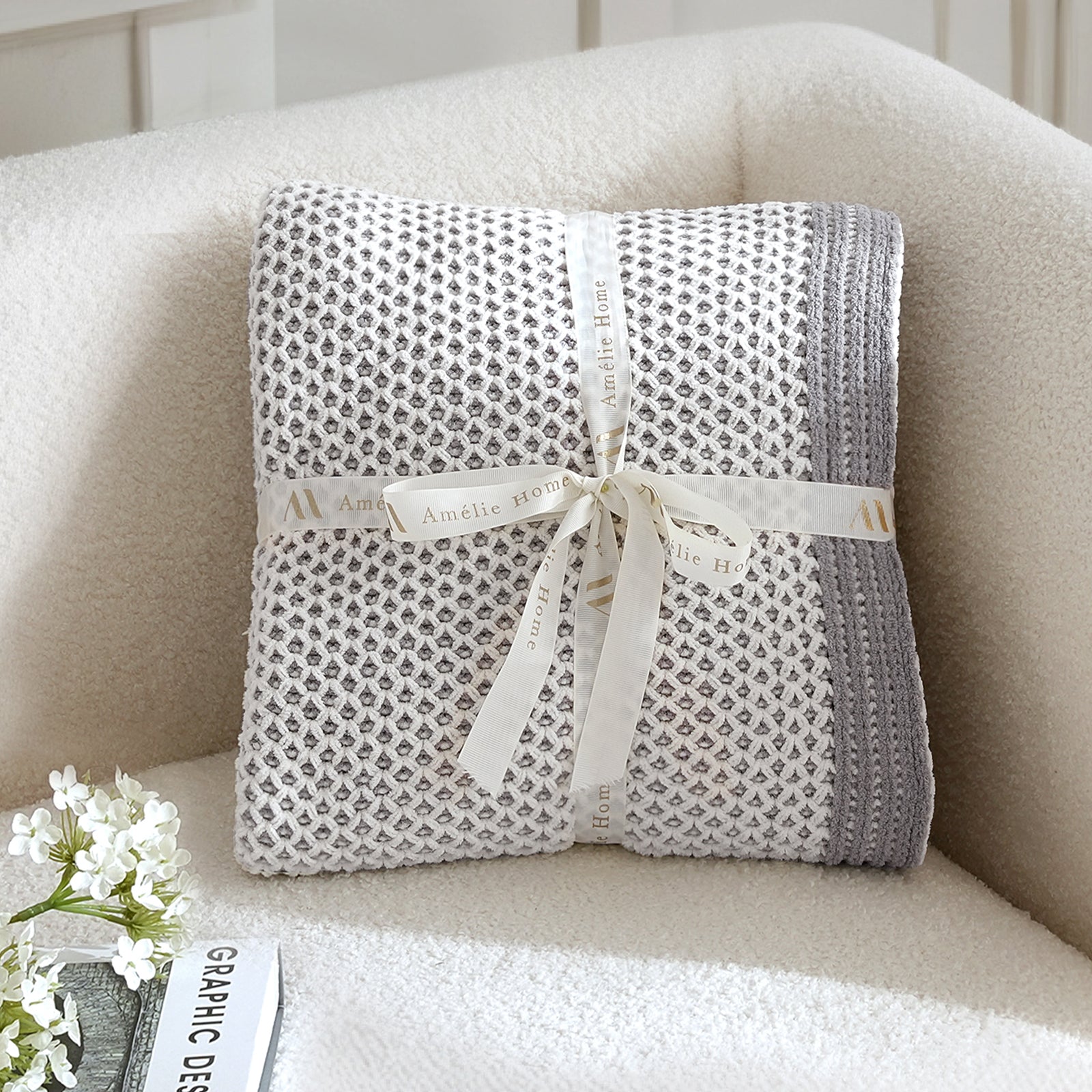 Two tone honeycomb chenille knit throw blanket in Grey folded with ribbon perfect for gifting #color_Grey