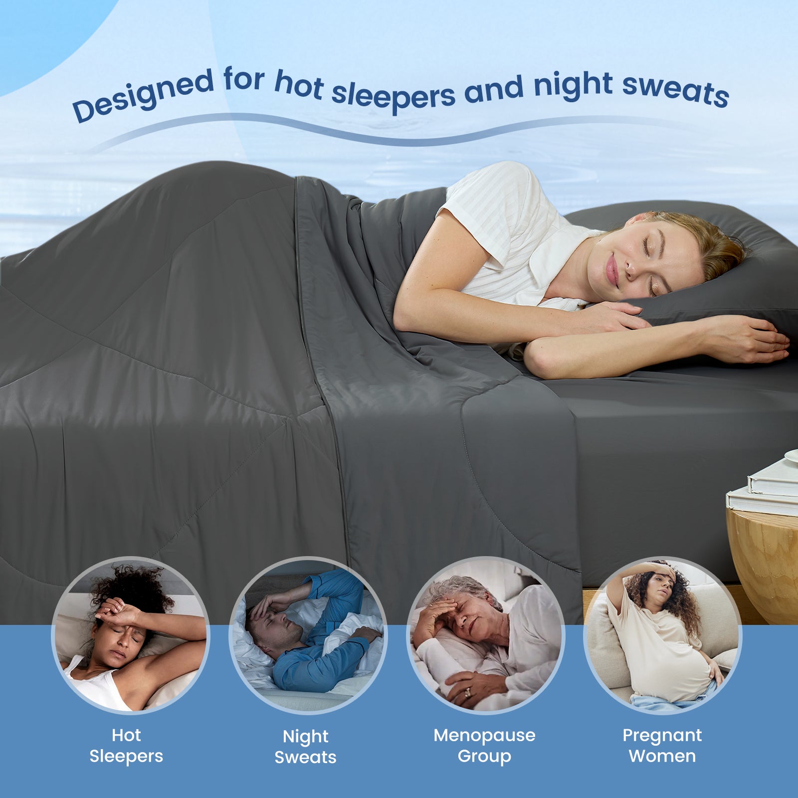 Women sleeping with Snuggle Sac cooling blanket, perfect for hot sleepers, night sweats, menopause group and pregnant women. #Color_Charcoal Grey