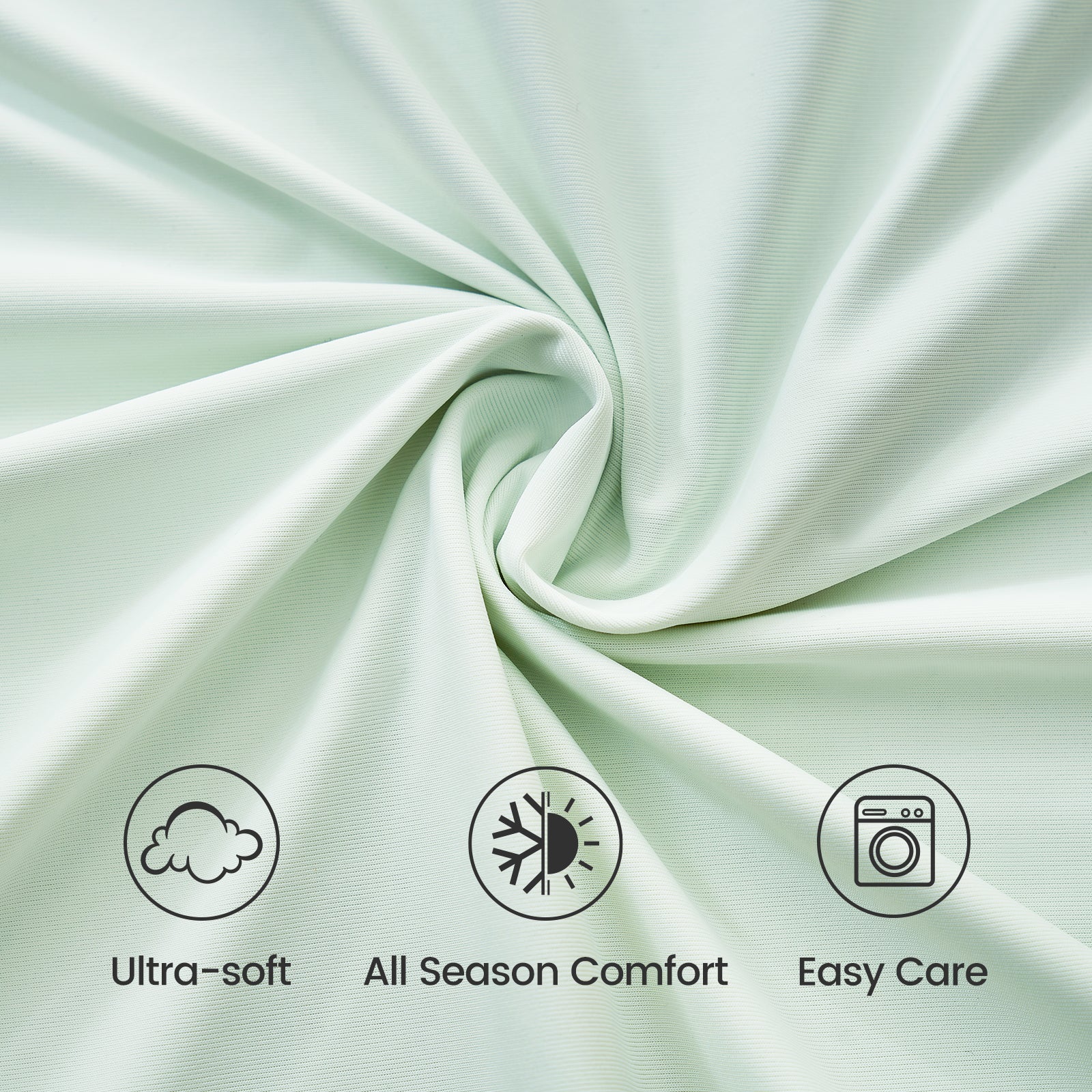 Close-up of fabric with icons and text indicating 'Ultra-soft', 'All Season Comfort', and 'Easy Care'.#color_Mint Green