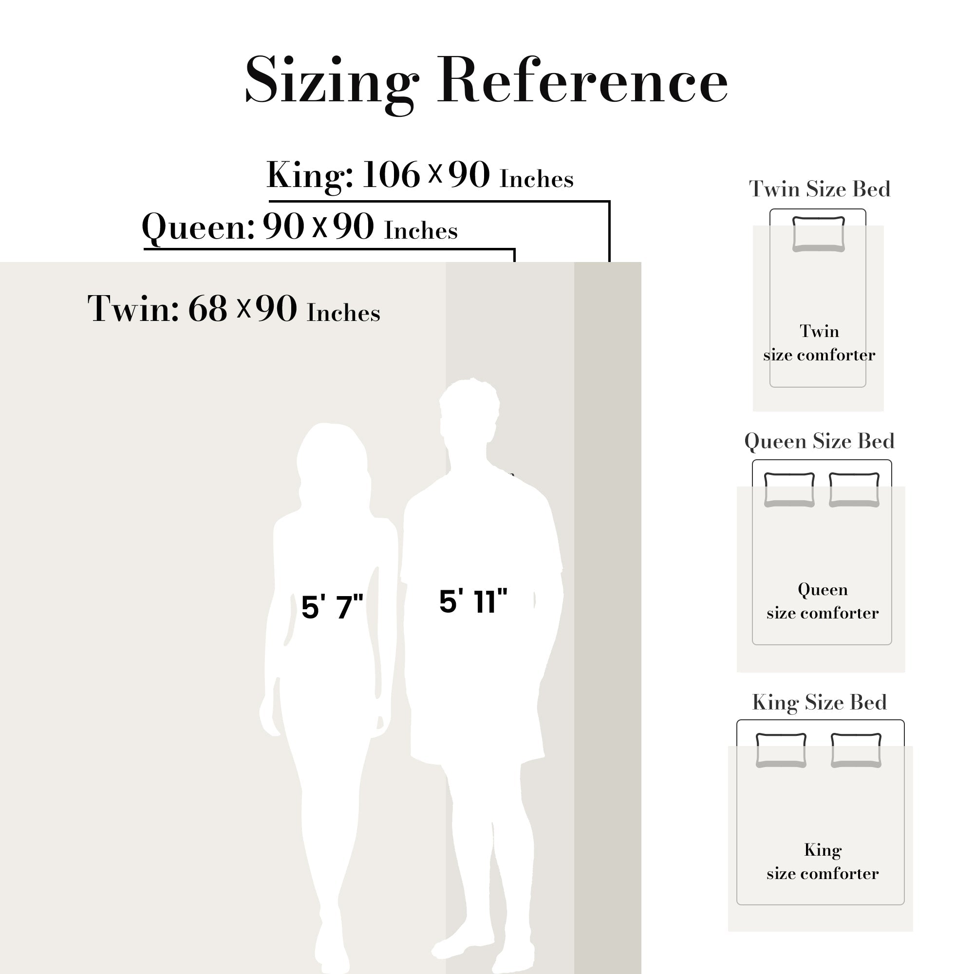 Sizing reference chart for bed and comforter dimensions with silhouettes of a man and woman.#color_Khaki