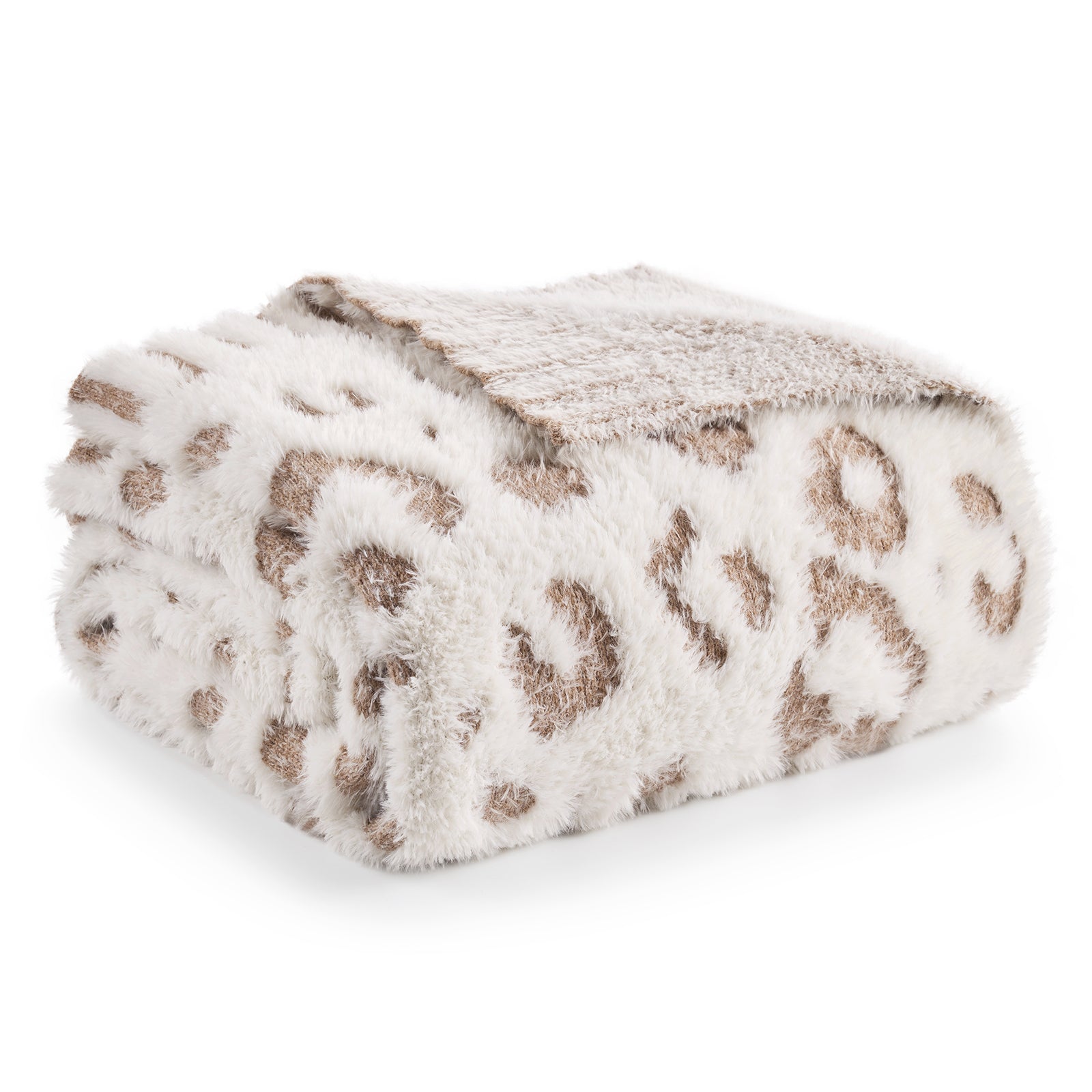 Snuggle Sac leopard faux fur knit throw blanket in Leopard Beige folded front view #color_Leopard Beige