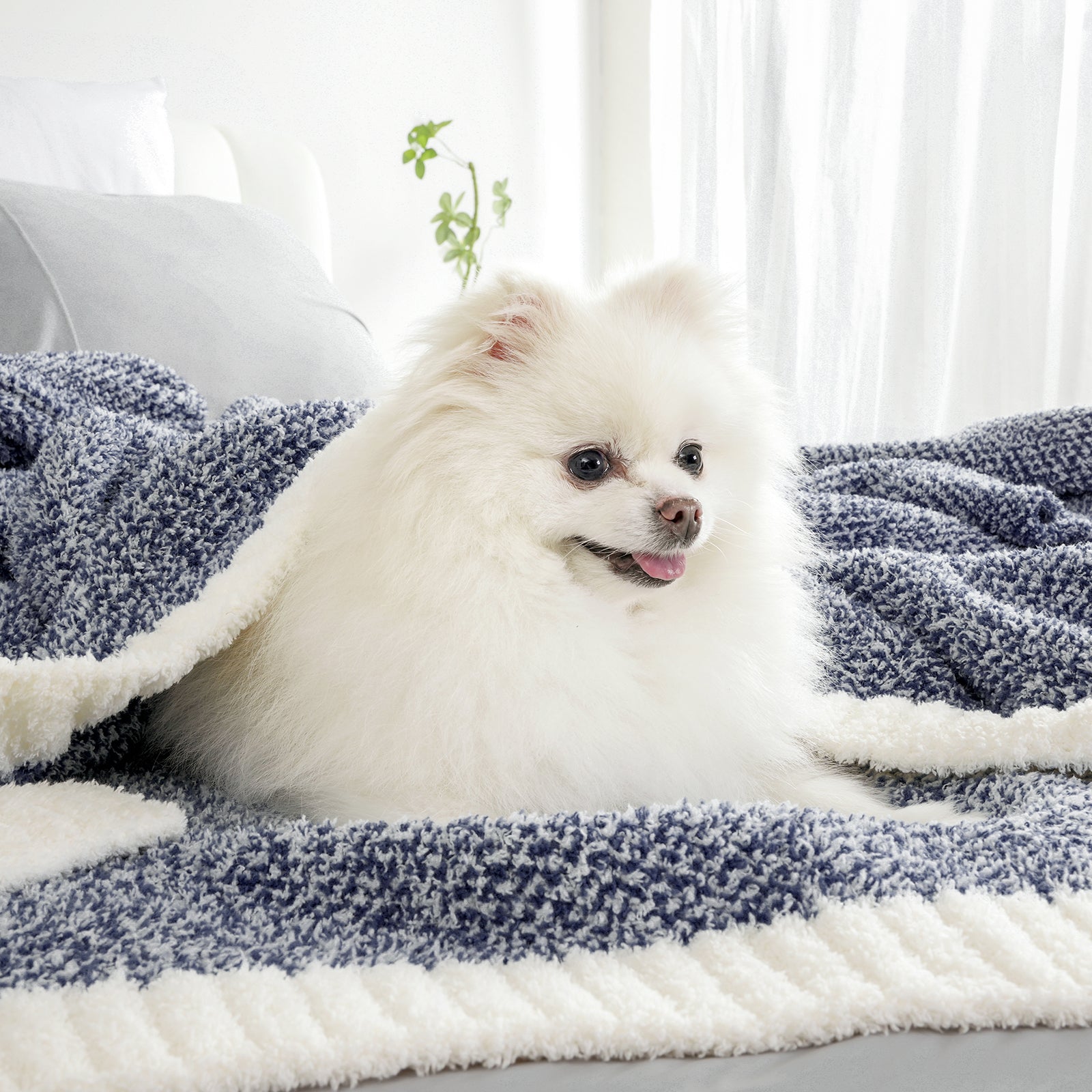 A dog under Snuggle Sac Heather Feather Yarn Knit Throw Blanket#Color_Dark Blue
