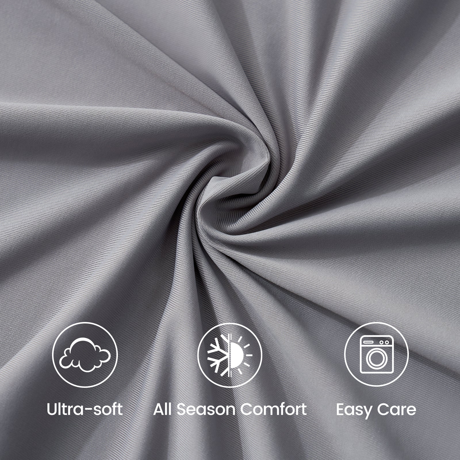 Close-up of fabric with icons and text indicating 'Ultra-soft', 'All Season Comfort', and 'Easy Care'.#color_Dark Grey