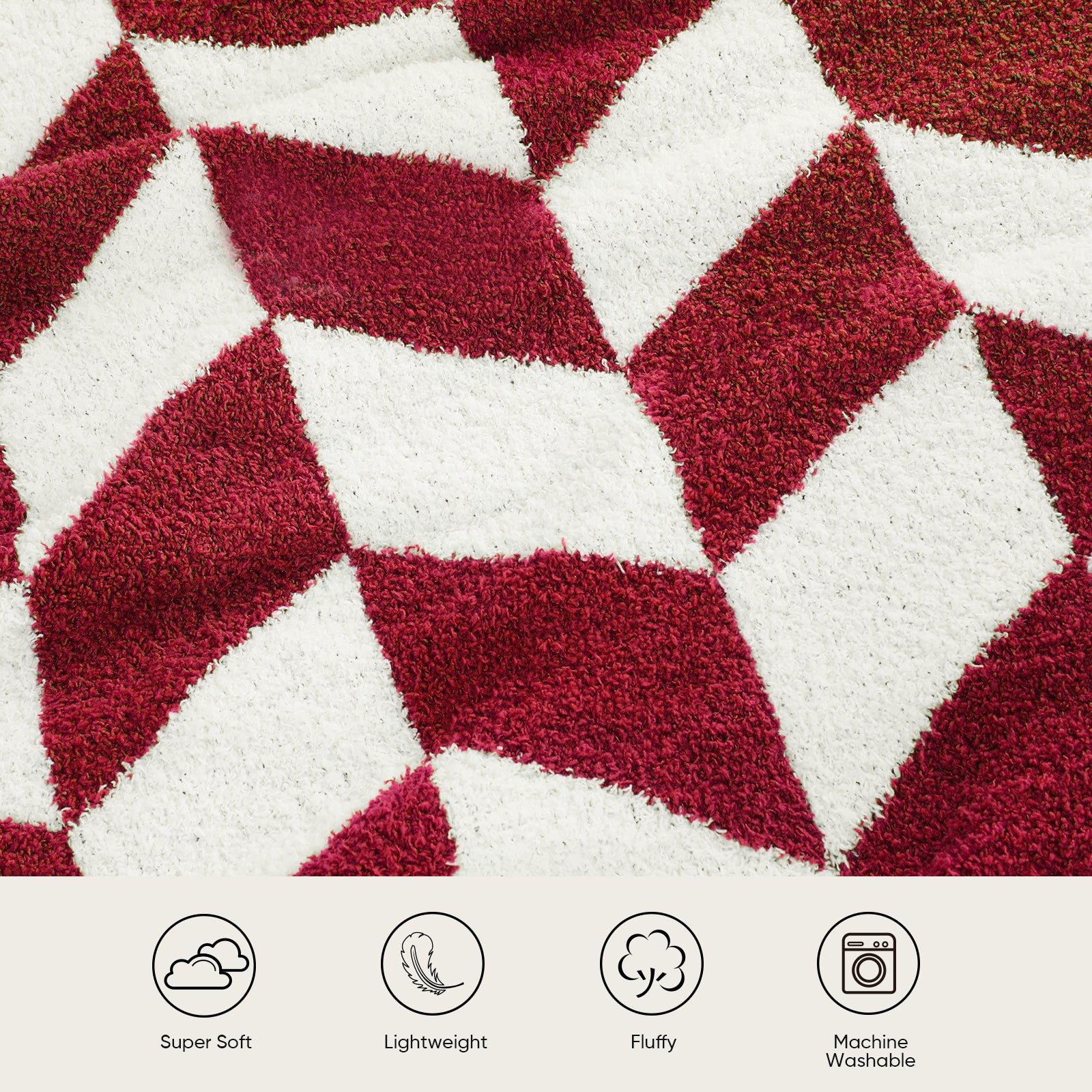 Close up of Snuggle Sacs Chevron Feather Yarn Knit Throw Blanket, featuring 'Super Soft, Lightweight, Fluffy, Machine Washable'#color_Red/Cream