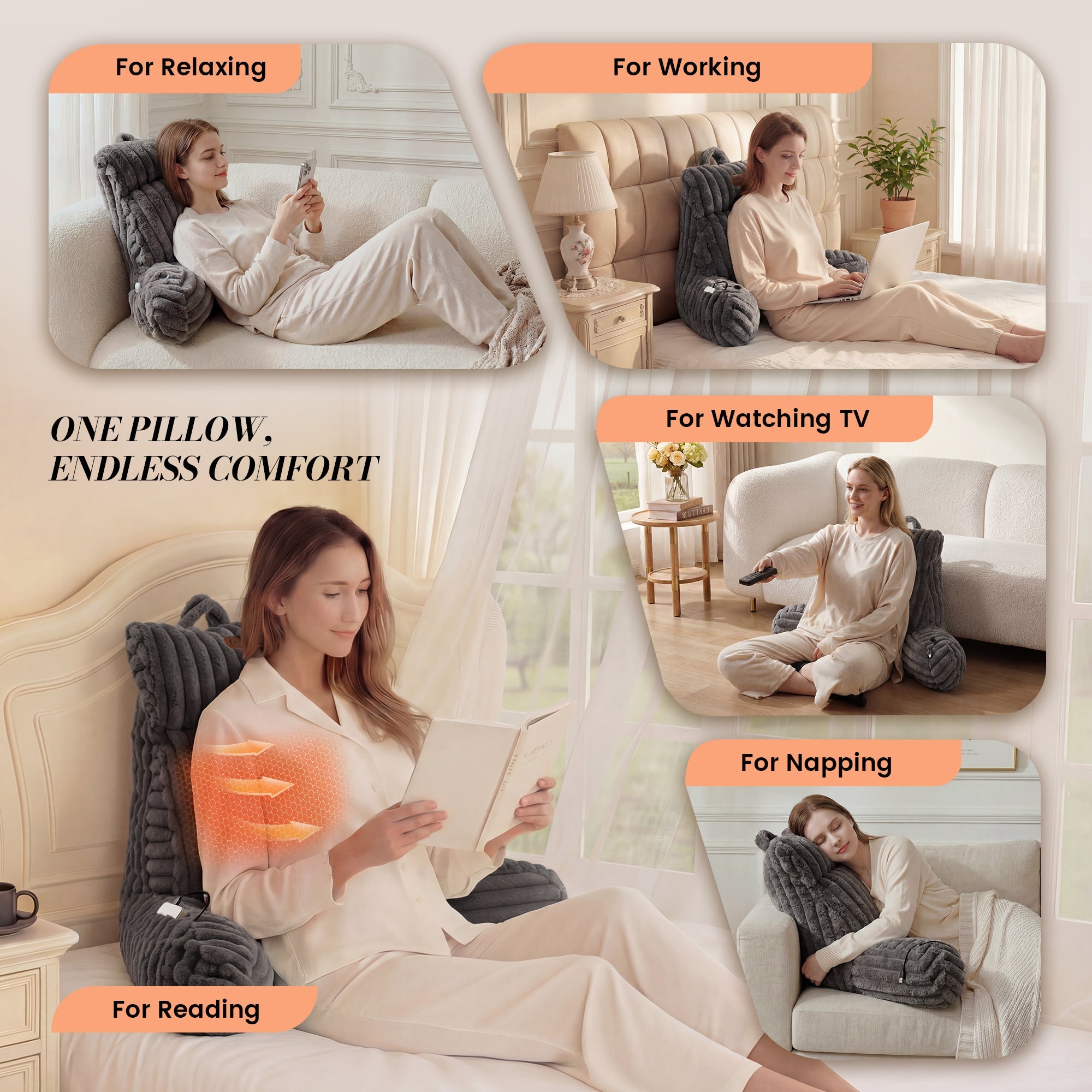 A woman laying on the Snuggle Sac Heated Faux Fur Backrest Reading Pillow in grey for 5 different activities, featuring 'one pillow, endless comfort' #color_Grey
