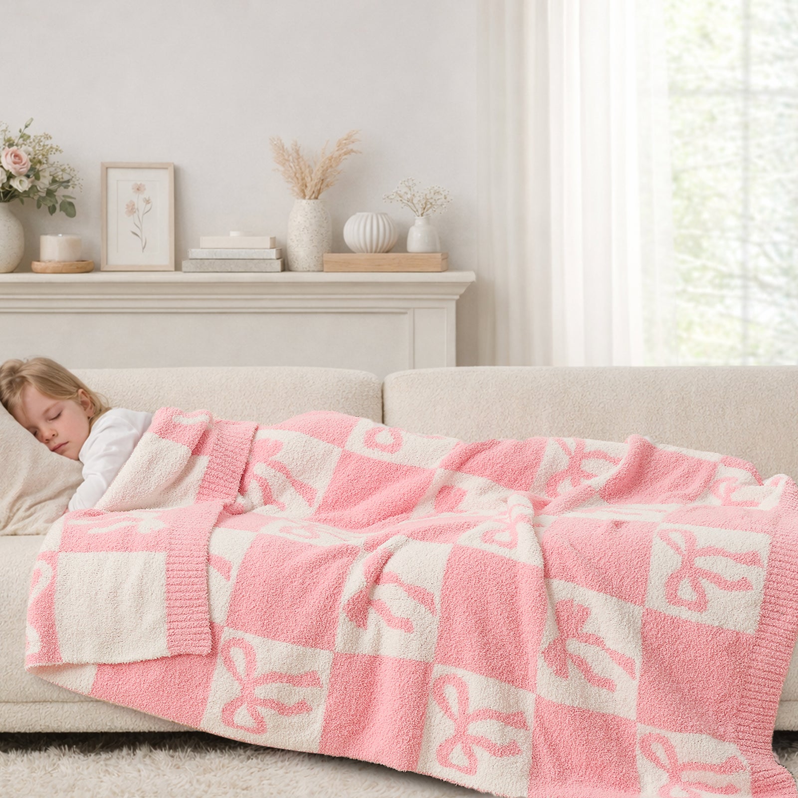 A kid laying down on a beige couch with Checkered Blanket on top #color_Pink_Bow