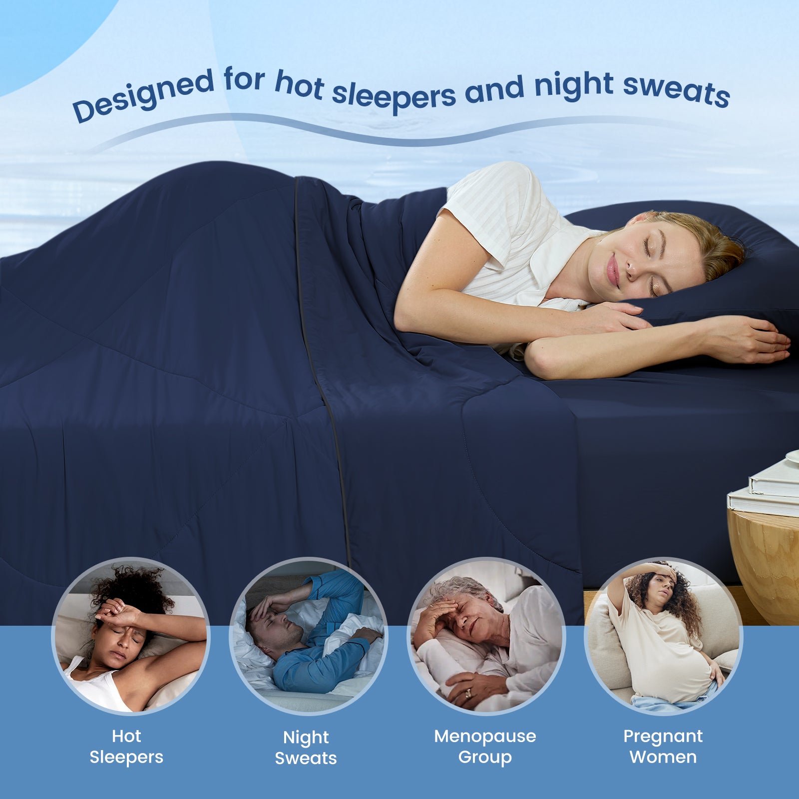 Women sleeping with Snuggle Sac cooling blanket, perfect for hot sleepers, night sweats, menopause group and pregnant women. #Color_Dark Blue