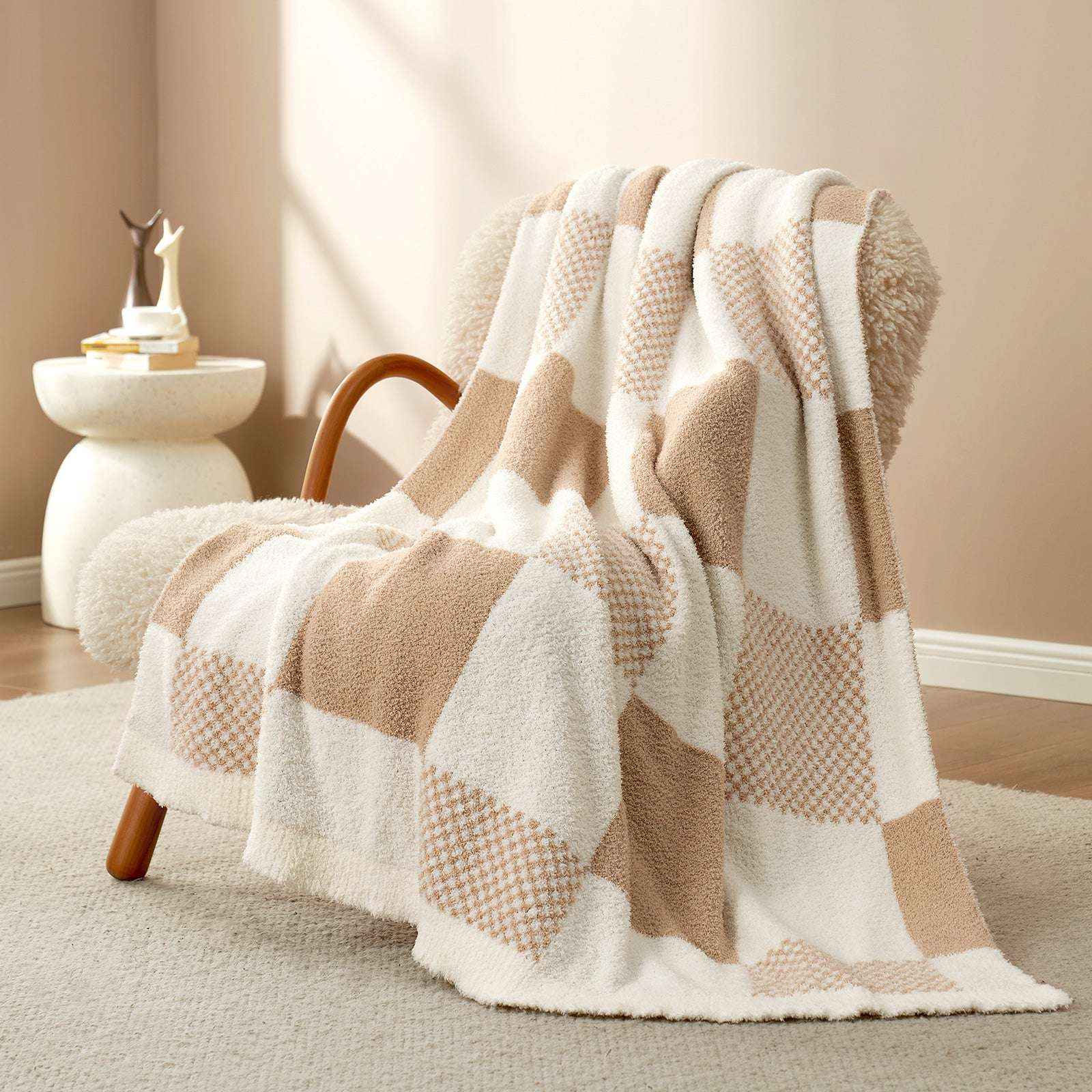Snuggle Sac Checkered Feather Yarn Knit Throw Blanket on the chair with furnitures behind#Color_Beige