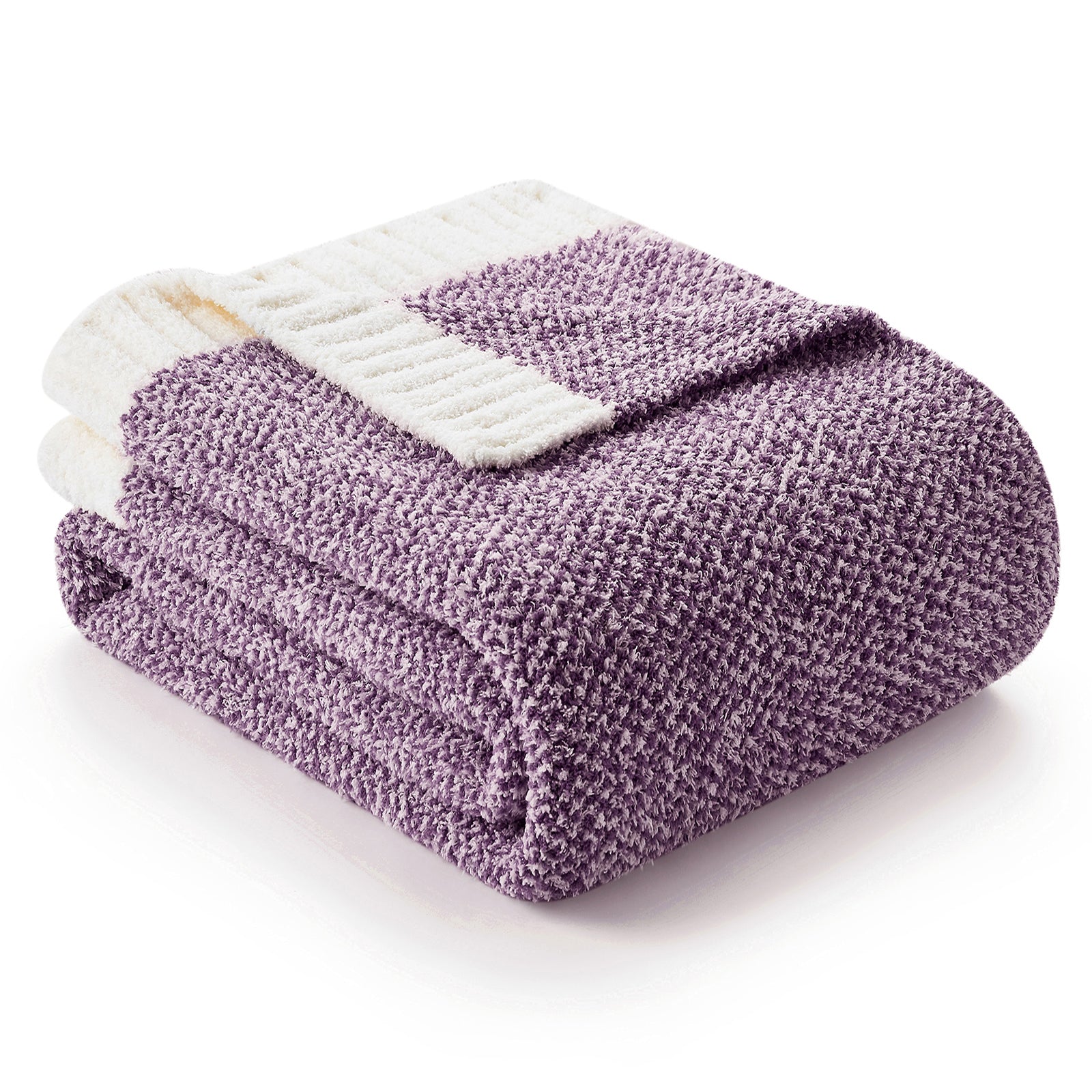 Folded Snuggle Sac Heather Feather Yarn Heather Purple Knit Throw Blanket front view #Color_Heather Purple