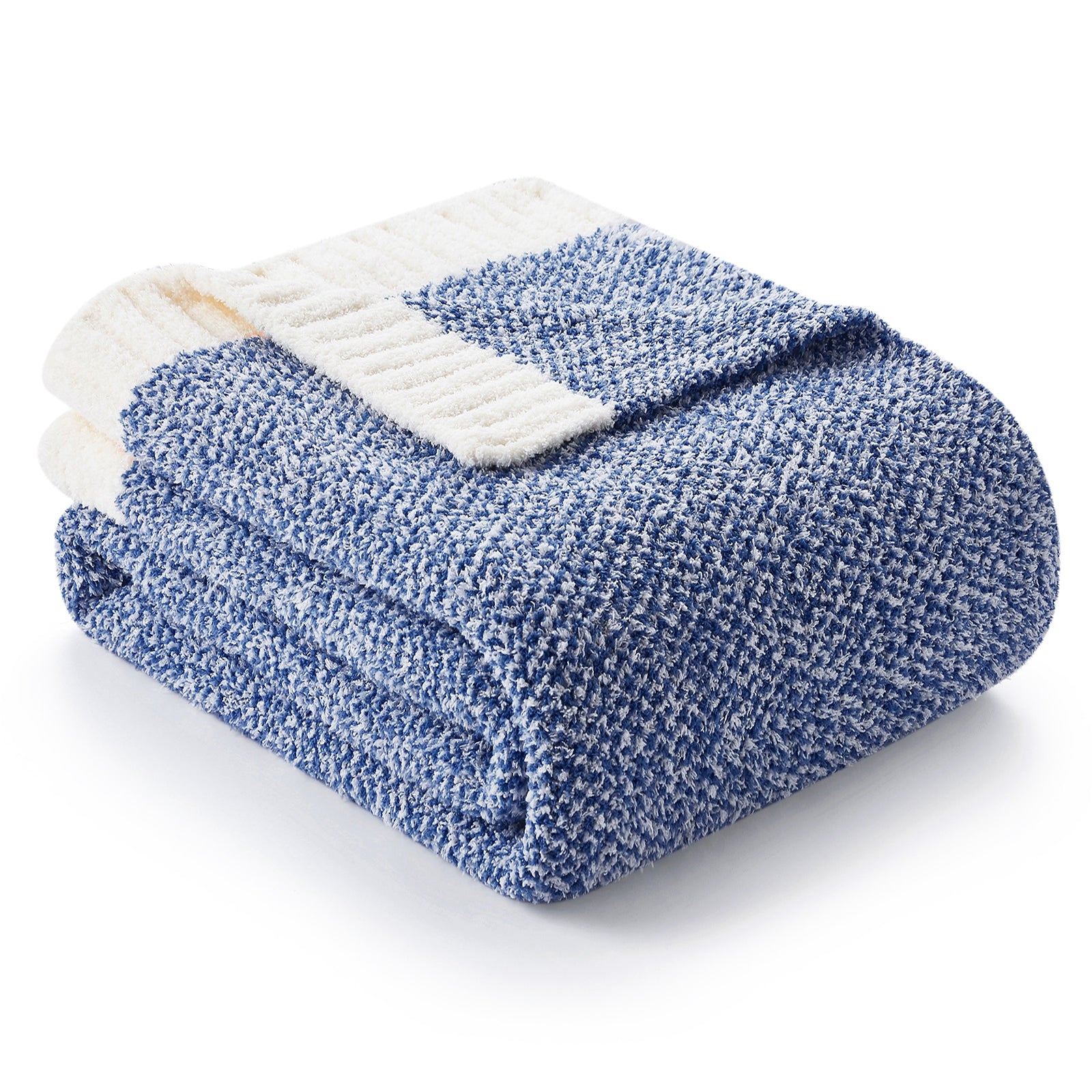 Folded Snuggle Sac Heather Feather Yarn Royal Blue Knit Throw Blanket #color_Heather Royal Blue