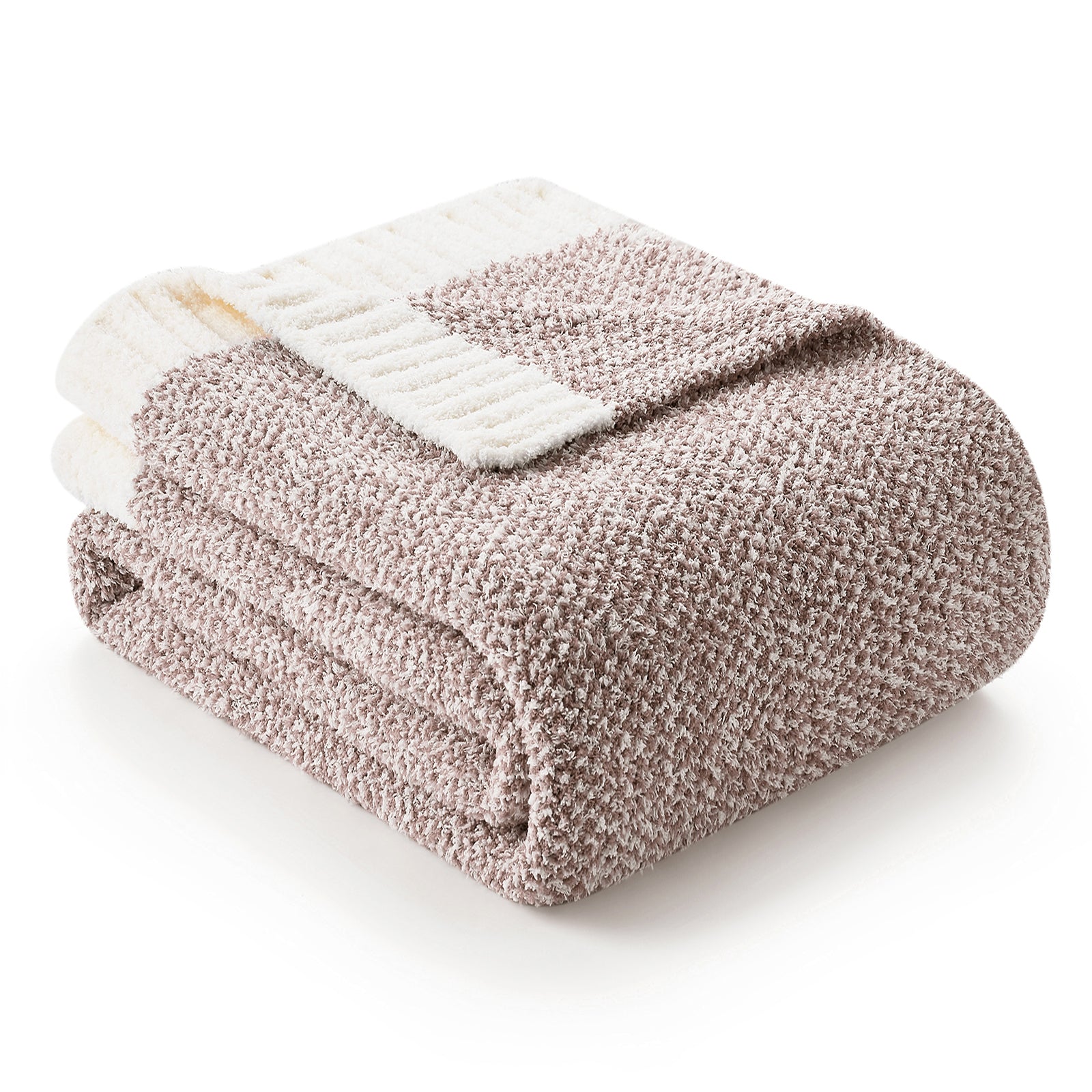 Folded Snuggle Sac Heather Feather Yarn Taupe Knit Throw Blanket front view#Color_Taupe
