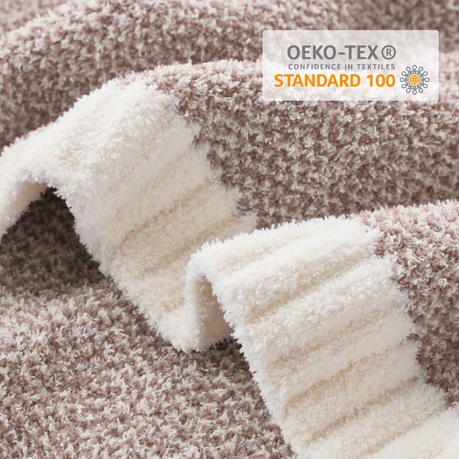 Close up of Snuggle Sac Heather Feather Yarn Knit Throw Blanket with OEKO-TEX Certificate#Color_Taupe