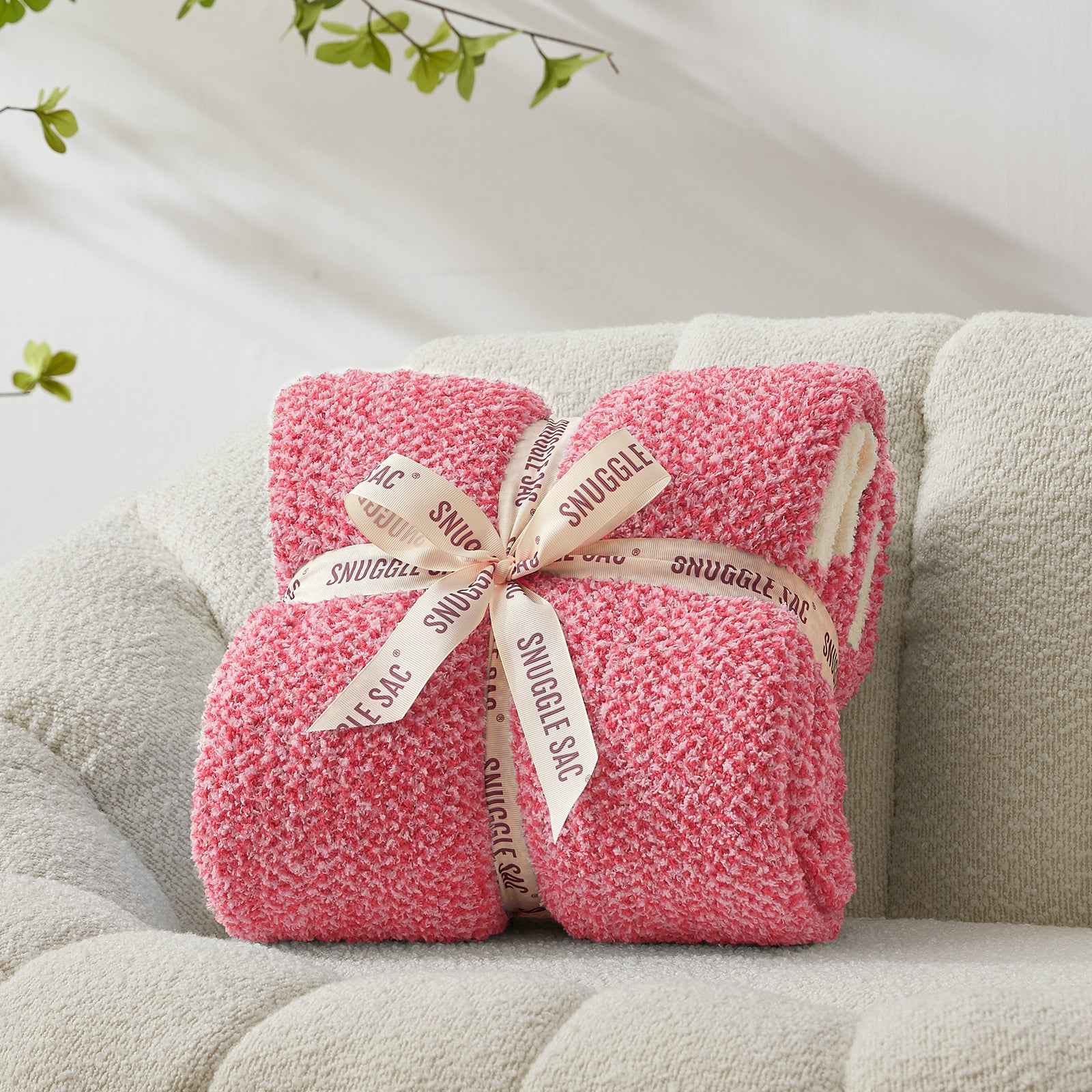 Snuggle Sac Heather Feather Yarn Hot Pink Knit Throw Blanket wrapped as a perfect gift for people#Color_Hot Pink