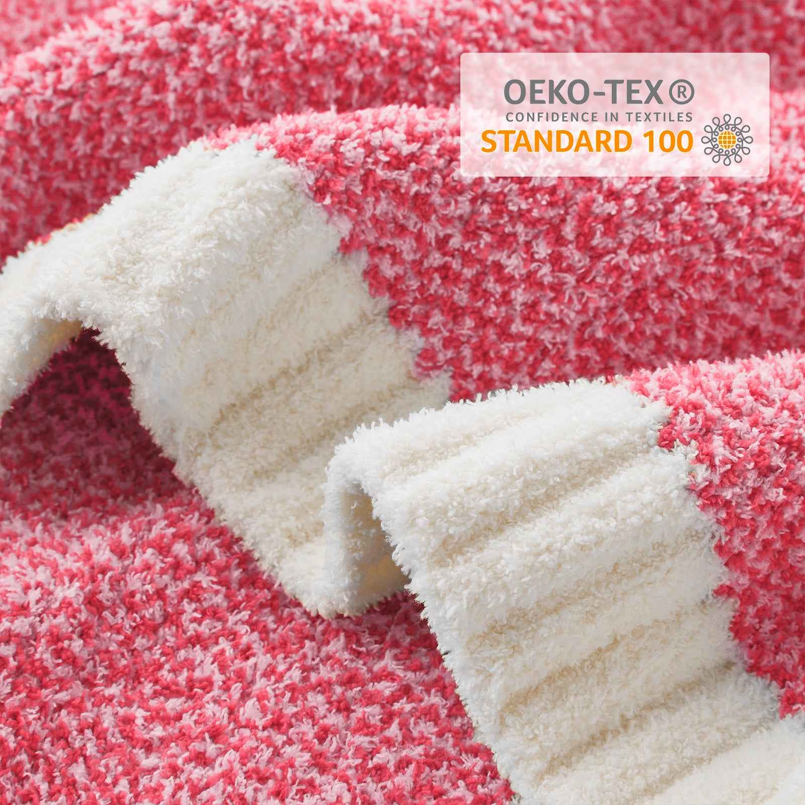 Close up of Snuggle Sac Heather Feather Yarn Knit Throw Blanket with OEKO-TEX Certificate#Color_Hot Pink