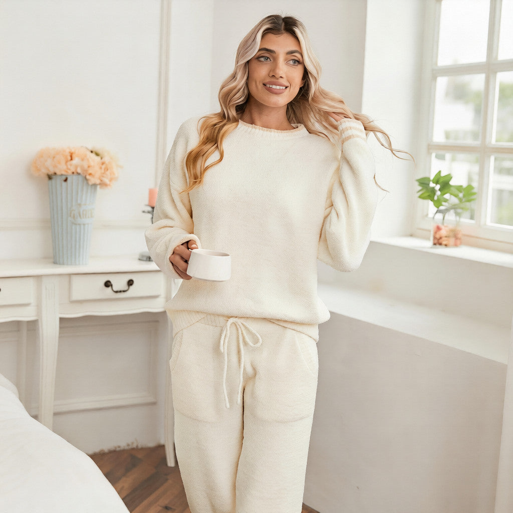Snuggle Sac women long sleeve crewneck knit loungewear set in Ivory, styled with a cozy and effortless homewear aesthetic #color_Ivory
