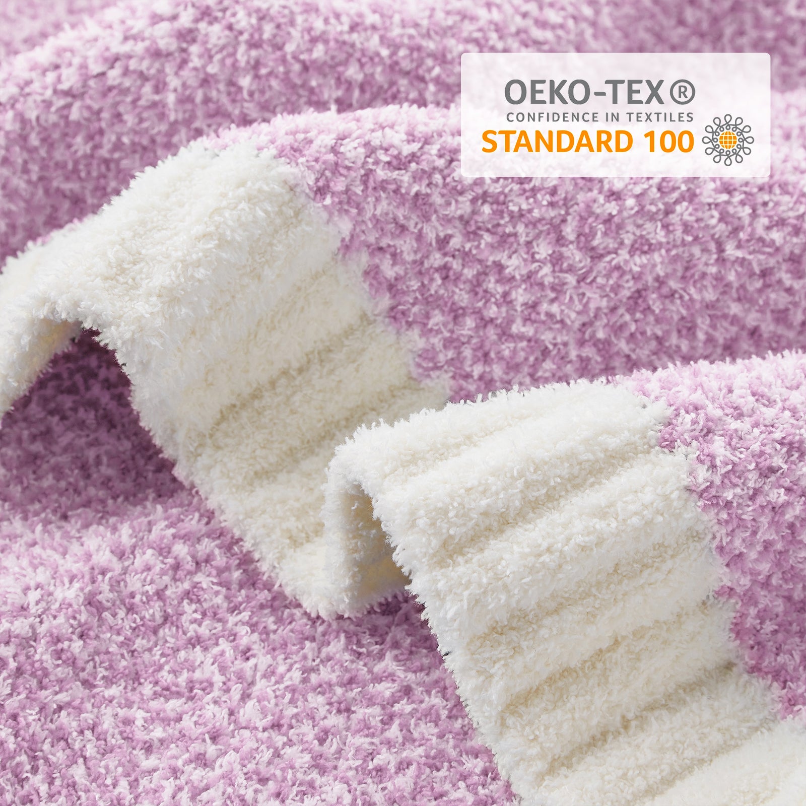 Close up of Snuggle Sac Heather Feather Yarn Knit Throw Blanket with OEKO-TEX Certificate #Color_Lilac