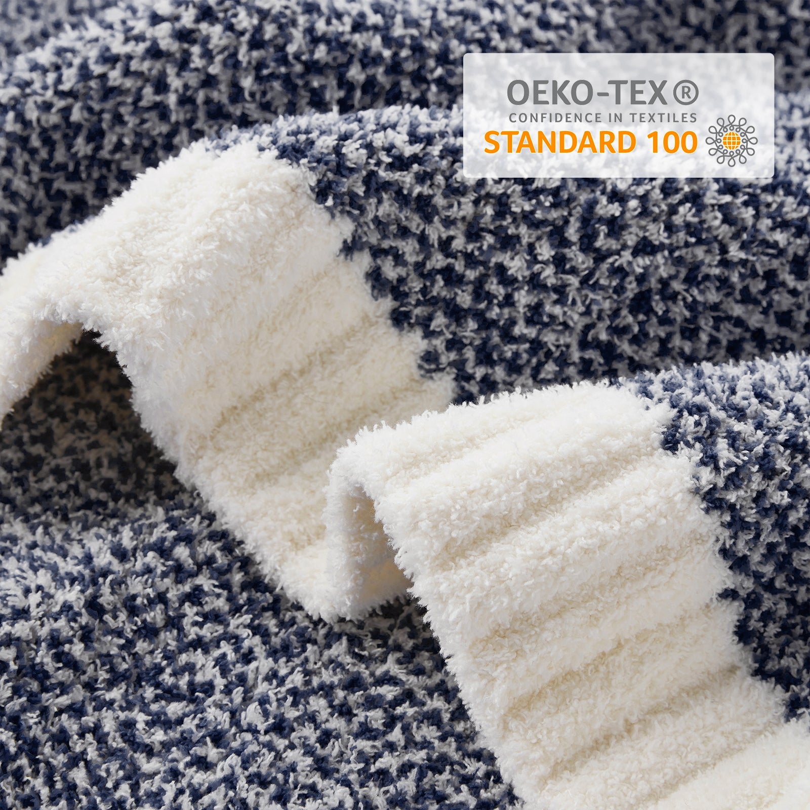Close up of Snuggle Sac Heather Feather Yarn Knit Throw Blanket with OEKO-TEX certificate#Color_Dark Blue