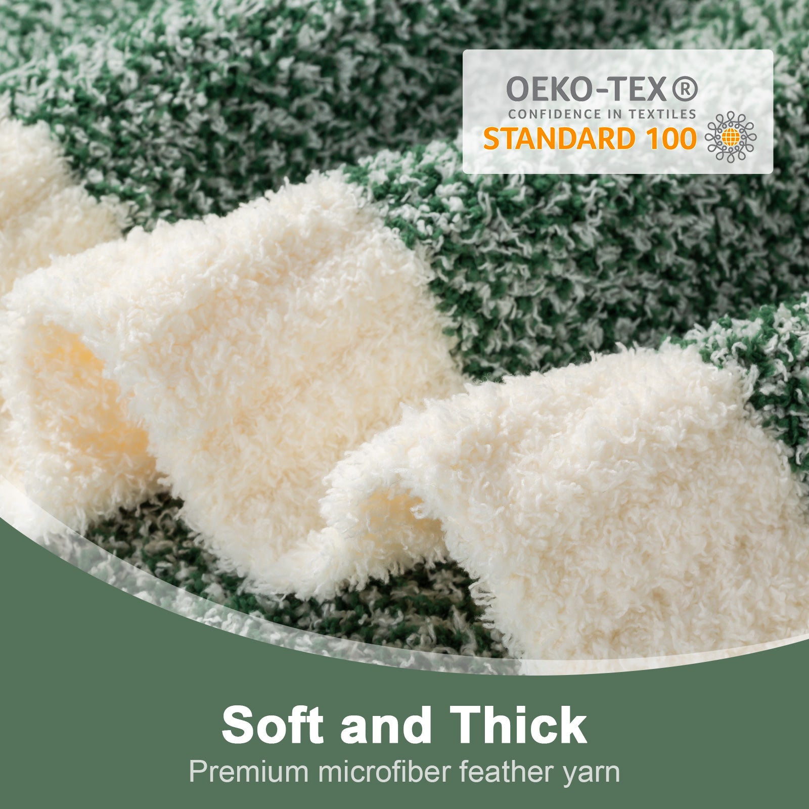Close up of Snuggle Sac Heather Feather Yarn Knit Throw Blanket with OEKO-TEX Certificate#Color_Heather Green